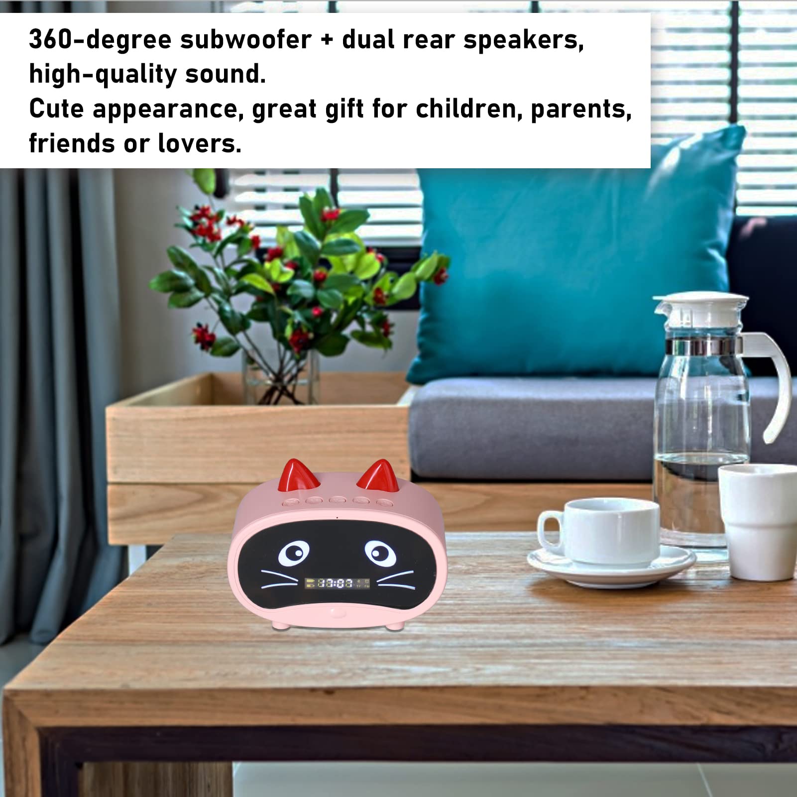 Wireless Bluetooth Speaker with Dual Alarm Clock, FM Radio, LED Display & Cat Ear Design - Portable Mini Speaker for Bedroom, Office, Travel | 1000mAh Battery, USB/SD Card Support (Pink) - Perfect for Home Decor, Gift Giving & Personal Use
