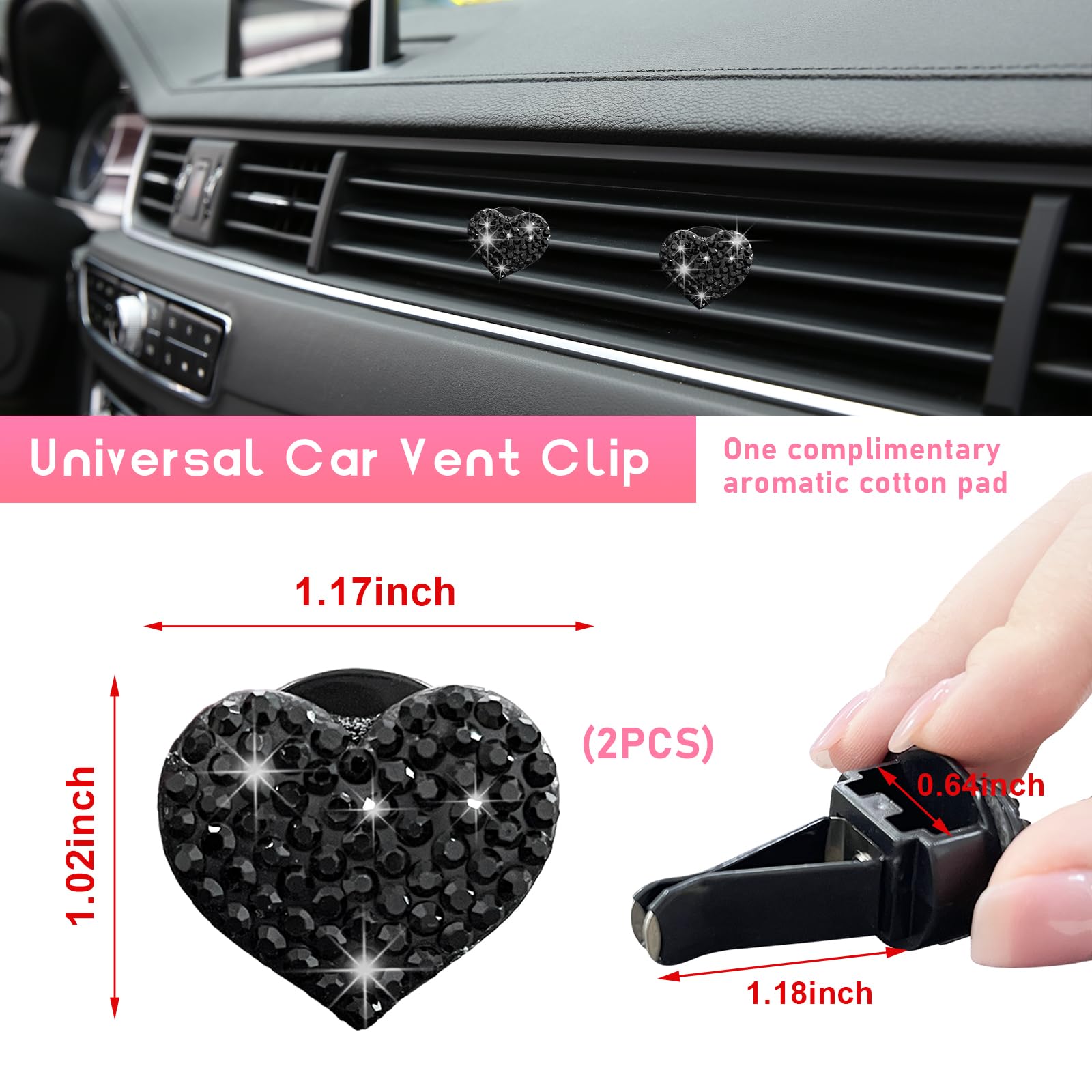 **Ziciner 2PCS Bling Heart Car Air Vent Clips - Crystal Rhinestone Car Air Freshener & Decor for Women & Girls - Elegant Vehicle Accessories for Home, Office & Travel (Black)**