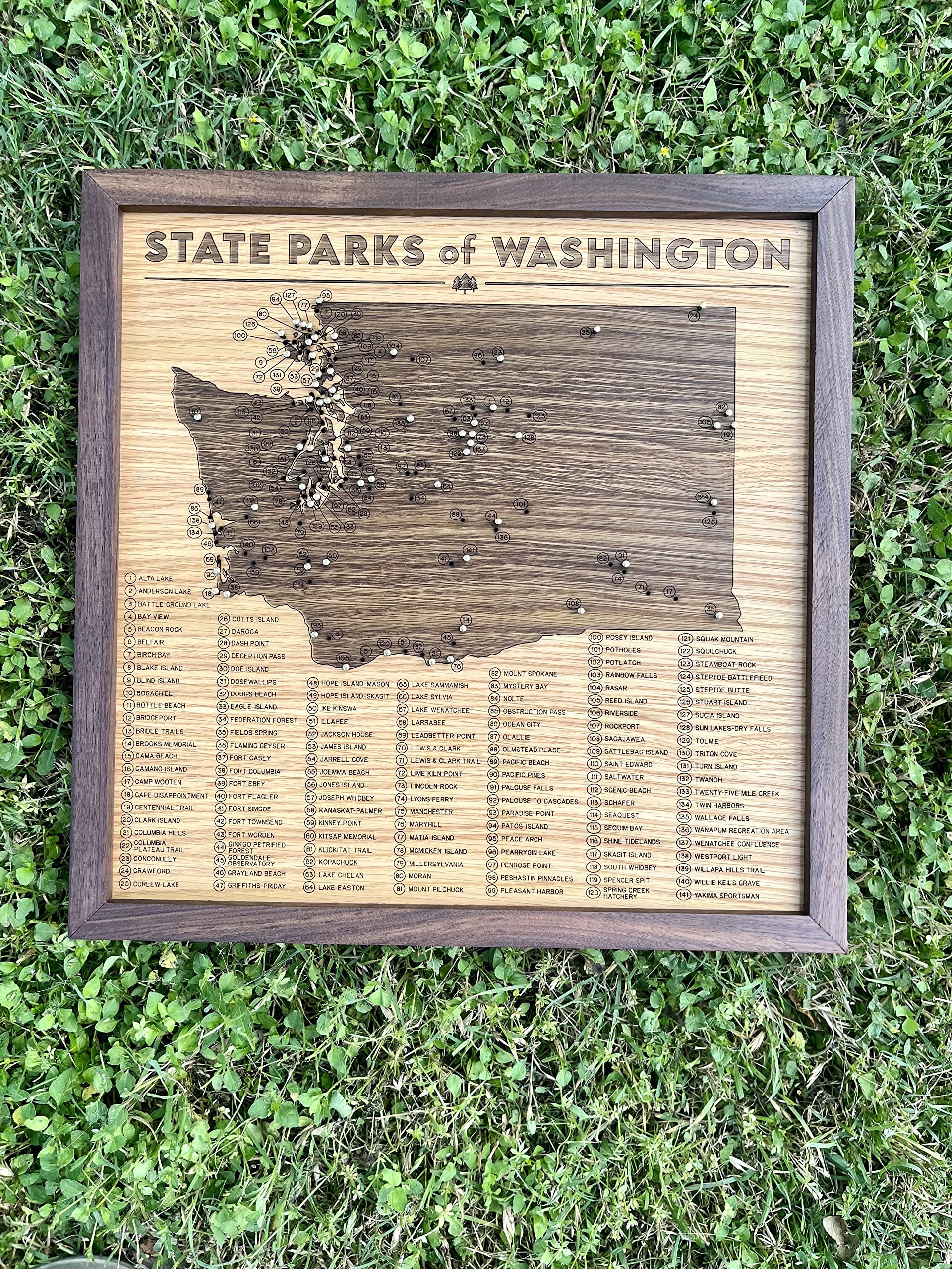 Washington State Parks Push Pin Map - Wooden Travel Tracker with Brass Pins for Adventure Planning