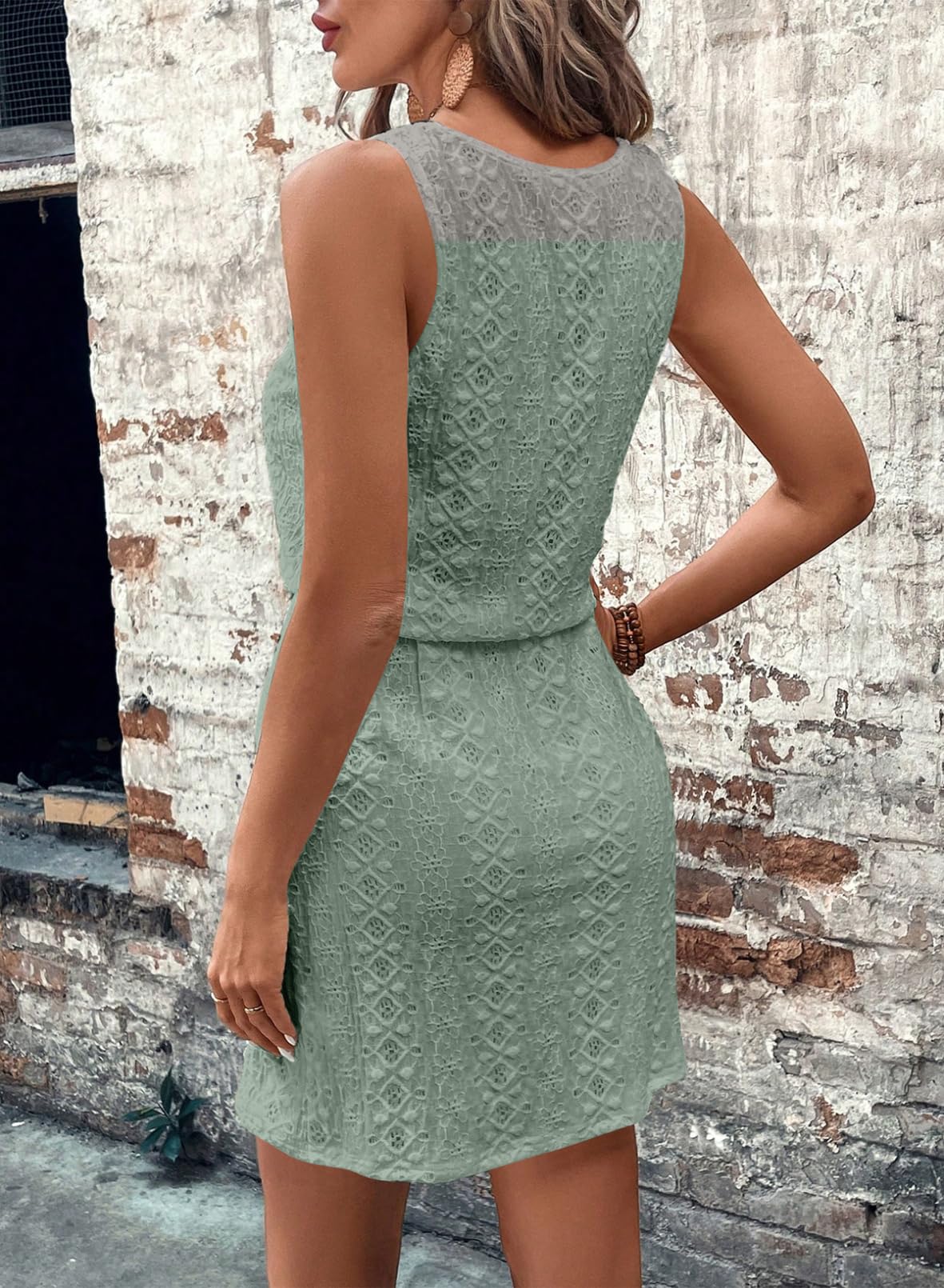 Acelitt Women's Hollow Out Textured Drawstring Mini Tank Dress - Spring Summer Sleeveless Casual Dress 2025 | Perfect for Beach, Vacation, and Summer Outings
