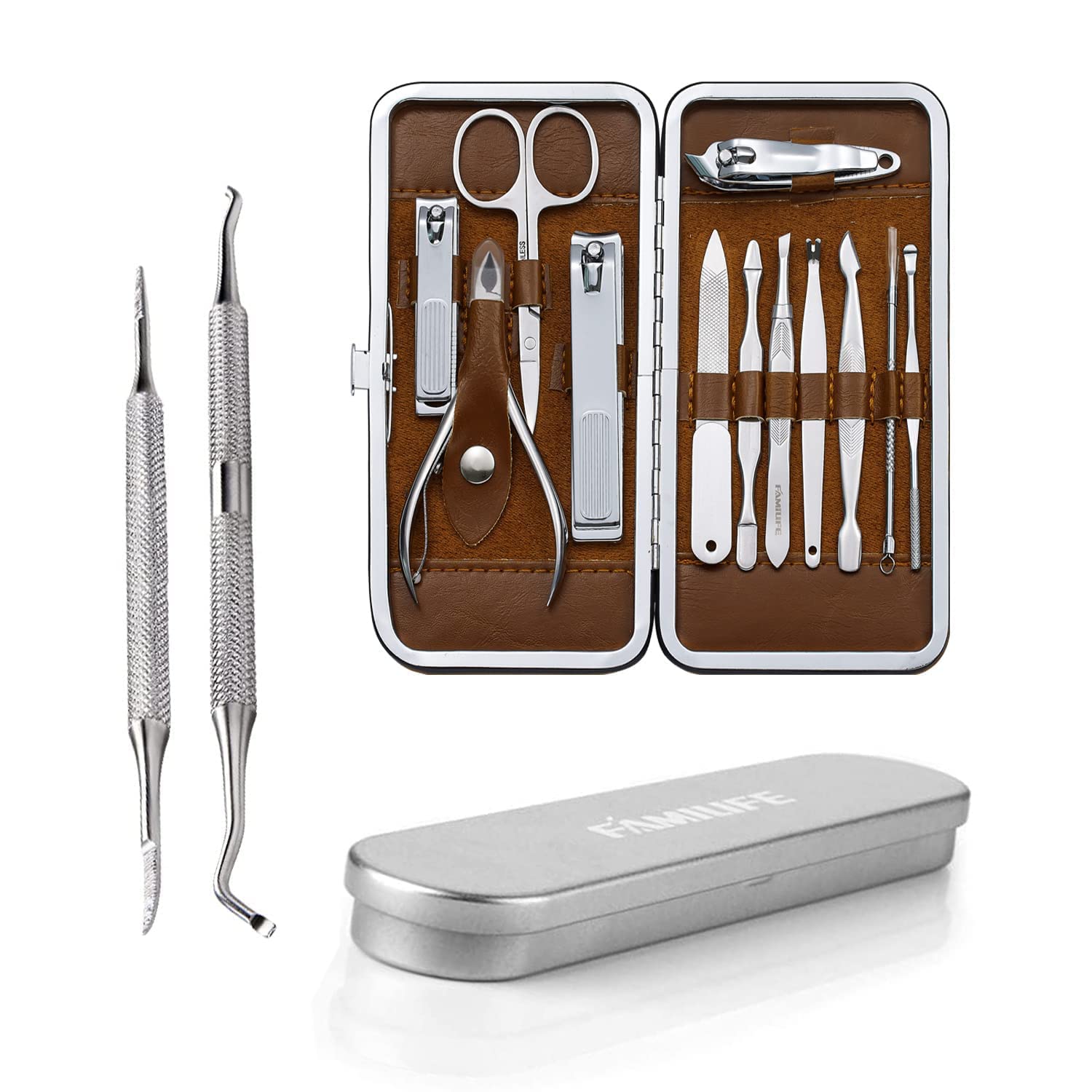 Professional FAMILIFE L07 100% Stainless Steel Ingrown Toenail File & Lifter - Double Sided Manicure Pedicure Kit with 12 Pieces - Perfect for Women's Nail Care, At-Home Grooming & Salon Use