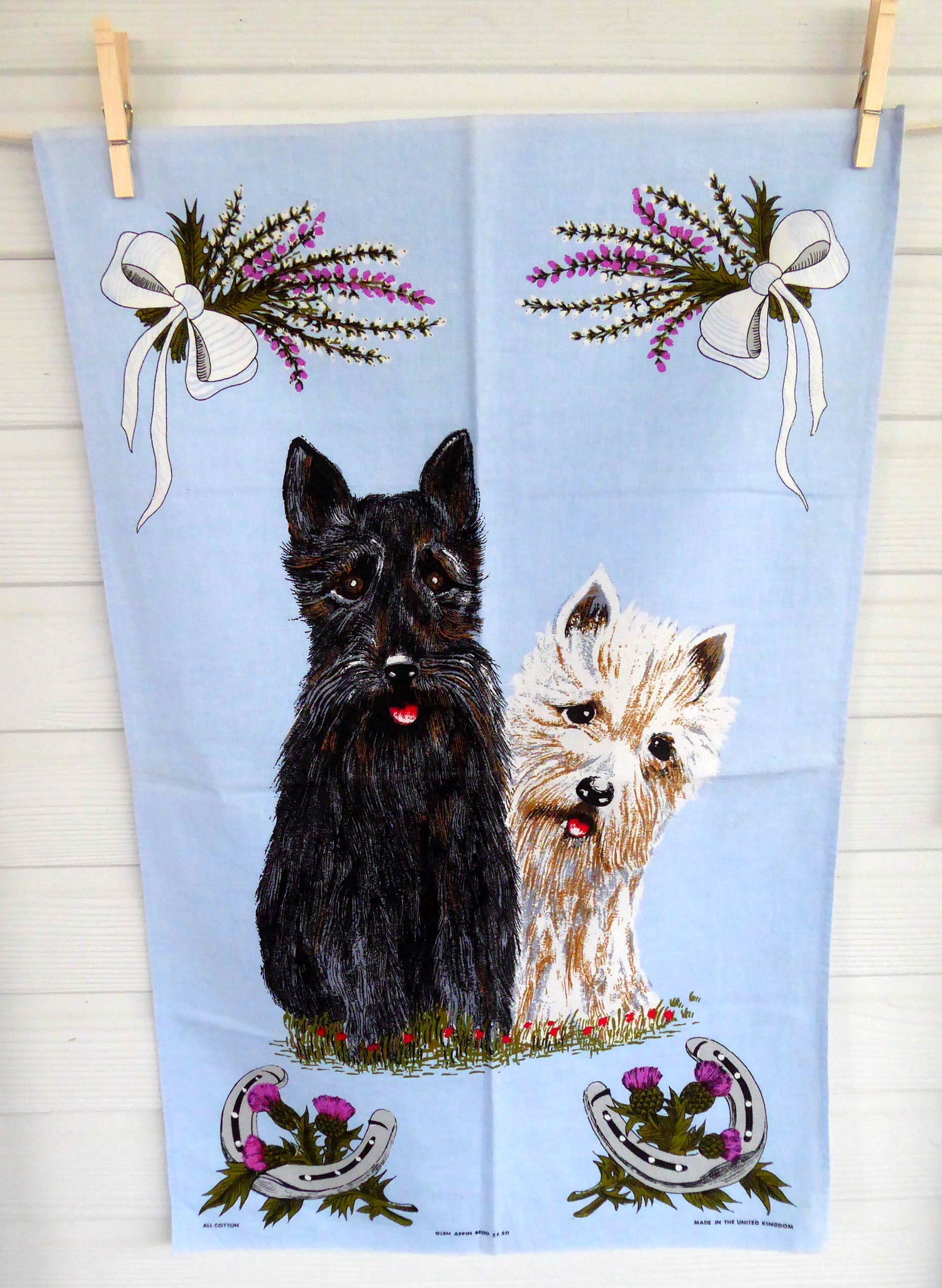 Vintage 1980s Scotty Dogs Tea Towel - Scottish Terrier & Thistle Design Cotton Dish Towel for Kitchen, Decor, and Scottish Heritage Gifts