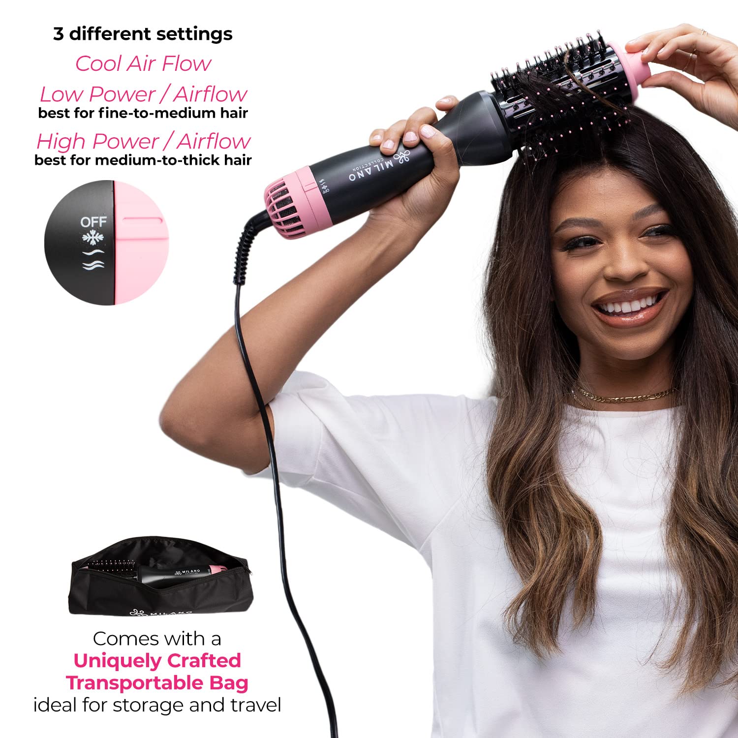 Milano Collection Hot Air Hair Brush Dryer - Lightweight Round Blow Dry Brush for Quick Styling & Volume | Perfect for Human Hair Wigs & Natural Hair | Salon-Quality at Home, Travel & Daily Use (Black)