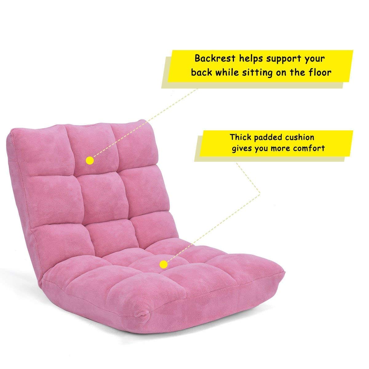 Casart Adjustable Floor Chair Lounger - 14-Position Folding Gaming Sofa with Steel Frame & Sponge Padding - Pink Chaise Lounge Recliner for Bedroom, Living Room, Gaming & Relaxation