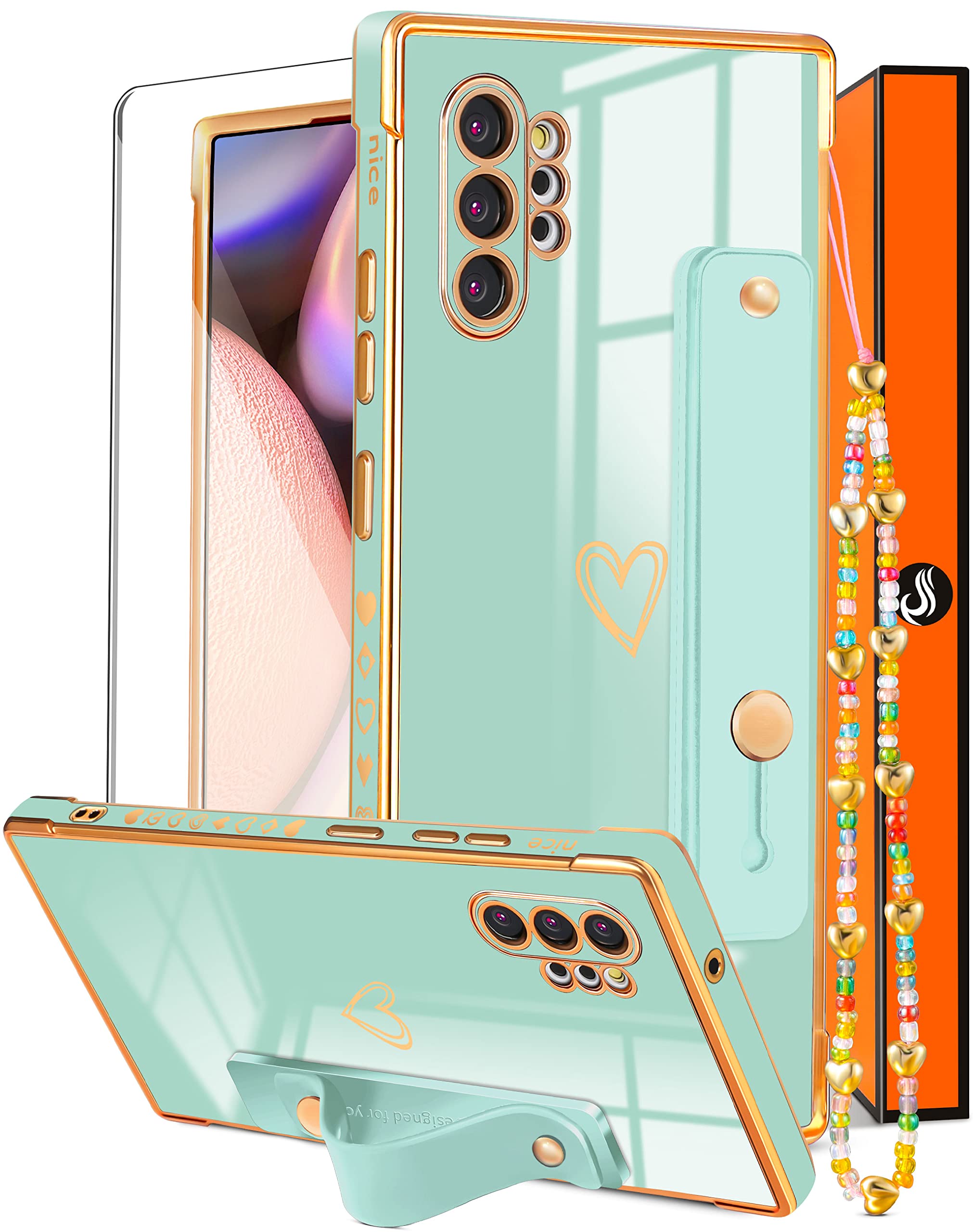 3-in1 Cute Girly Aesthetic Samsung Galaxy Note 10 Plus Case with Heart Design, Gold Plating & Chain - Mint Green Luxury Protective Cover for Women (6.8