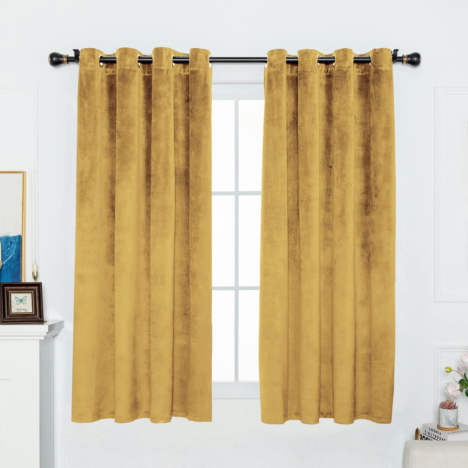 Blackout Velvet Curtains 52x63 Inches - Vintage Grommet Window Drapes for Living Room & Dining Room Decor | Light Blocking Thermal Insulated Panels for Home, Bedroom, Office (Gold Yellow)