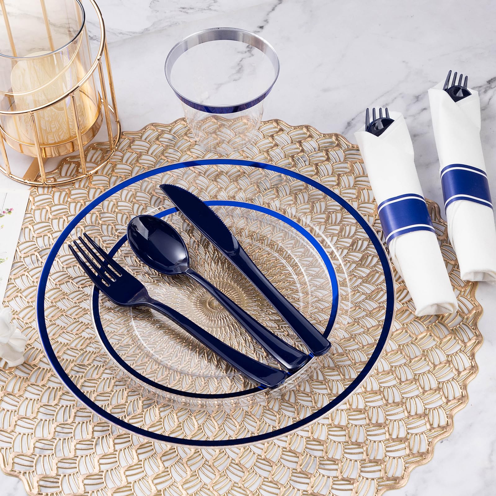 Goodluck 350-Piece Dark Blue Plastic Dinnerware Set for Party - Disposable Plates, Cups & Cutlery for 50 Guests (50 Dinner Plates, 50 Dessert Plates, 50 Napkins, 50 Cups) - Perfect for Birthday Parties, Weddings, Picnics & Events