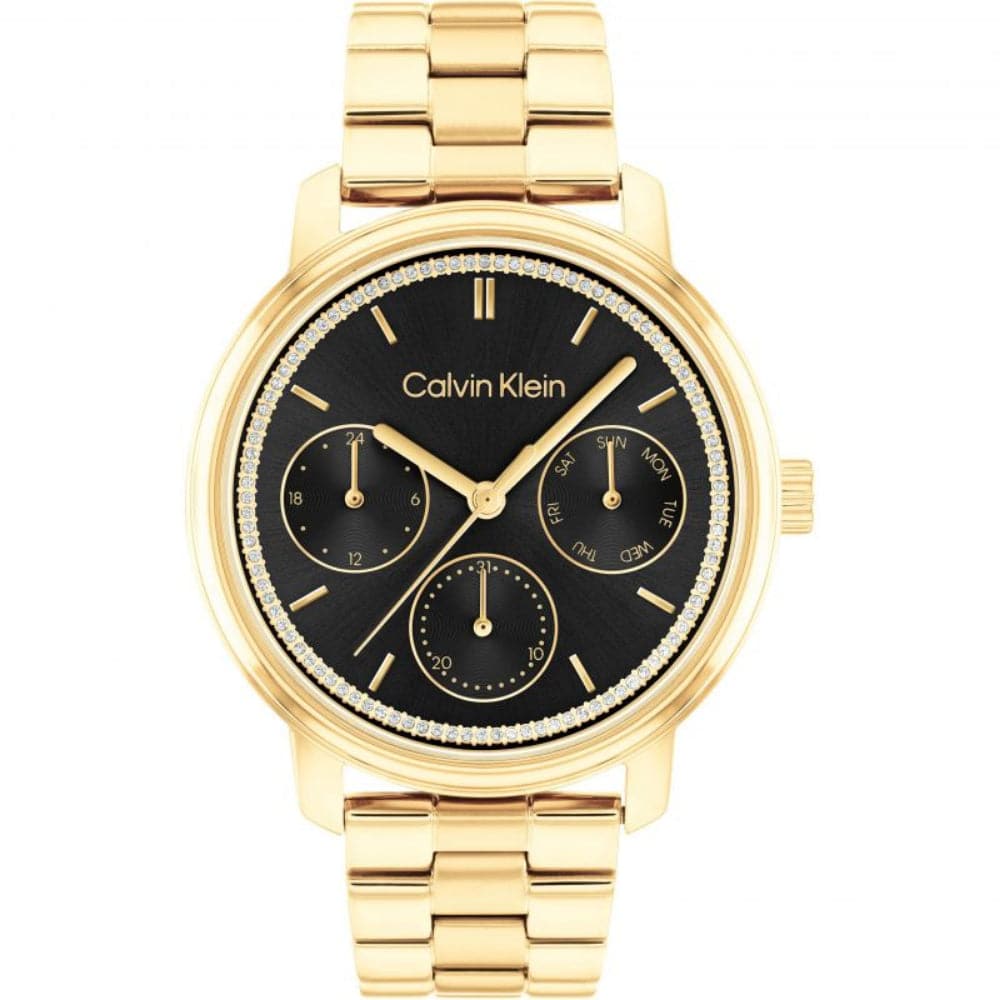 Calvin Klein Women's Chronograph Watch - Black Dial, Gold Stainless Steel Strap (Model 25200177) | Elegant Dress Watch for Business, Parties & Special Occasions