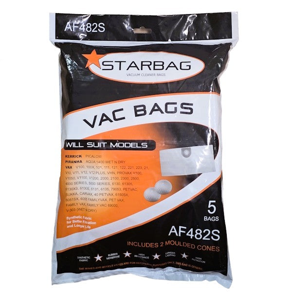 Starbags AF482S Replacement Vacuum Cleaner Bags - 6 Pack, Compatible with Hoover, Eureka, Kenmore - Durable Synthetic Material for Powerful Suction - Ideal for Home, Office, and Pet Hair Cleaning