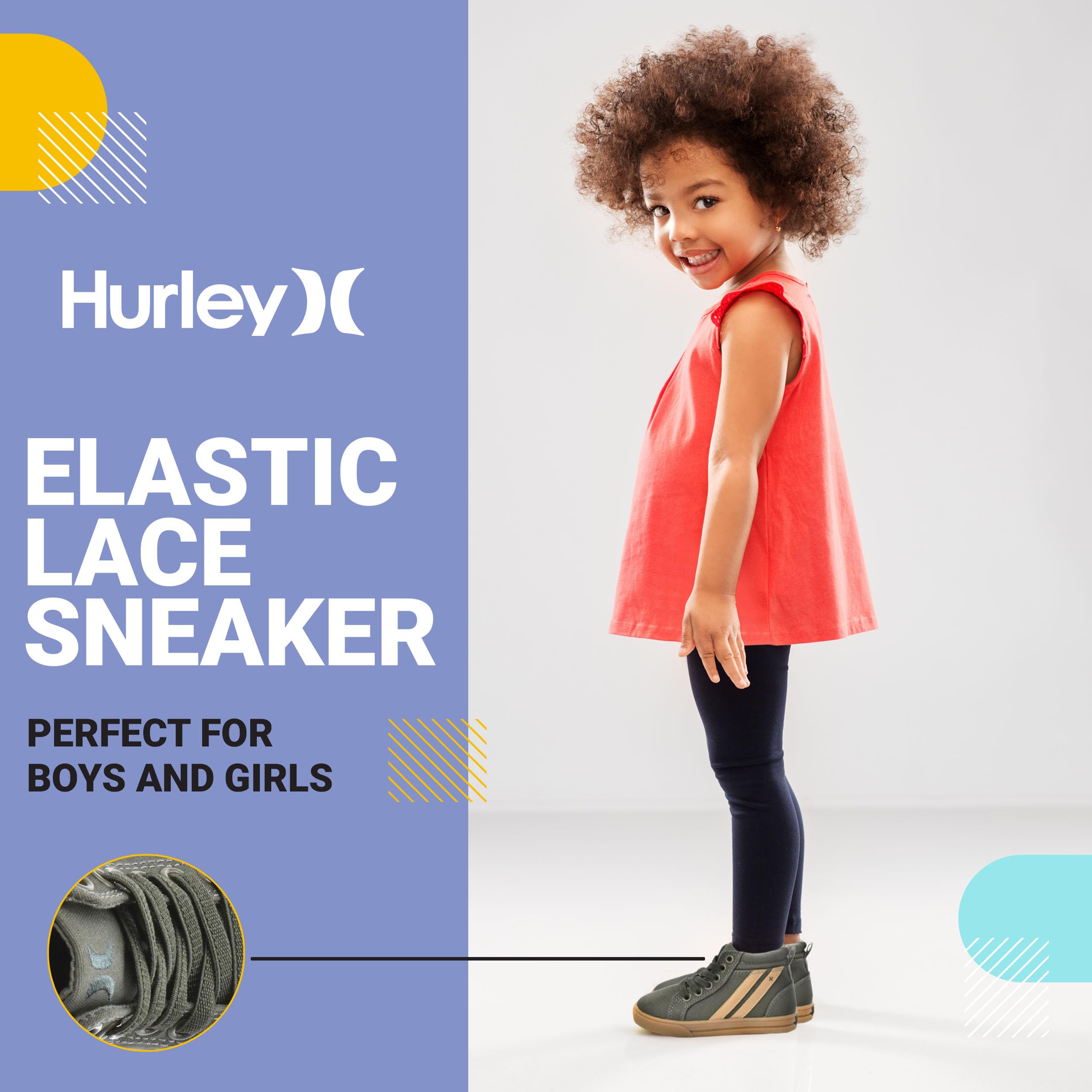 Hurley Kids Toddlers Elastic Laces Canvas Sneakers - High Top Skate Shoes for Boys & Girls, Comfortable Athletic Shoes for School & Play, Perfect for Toddler Sports & Daily Wear