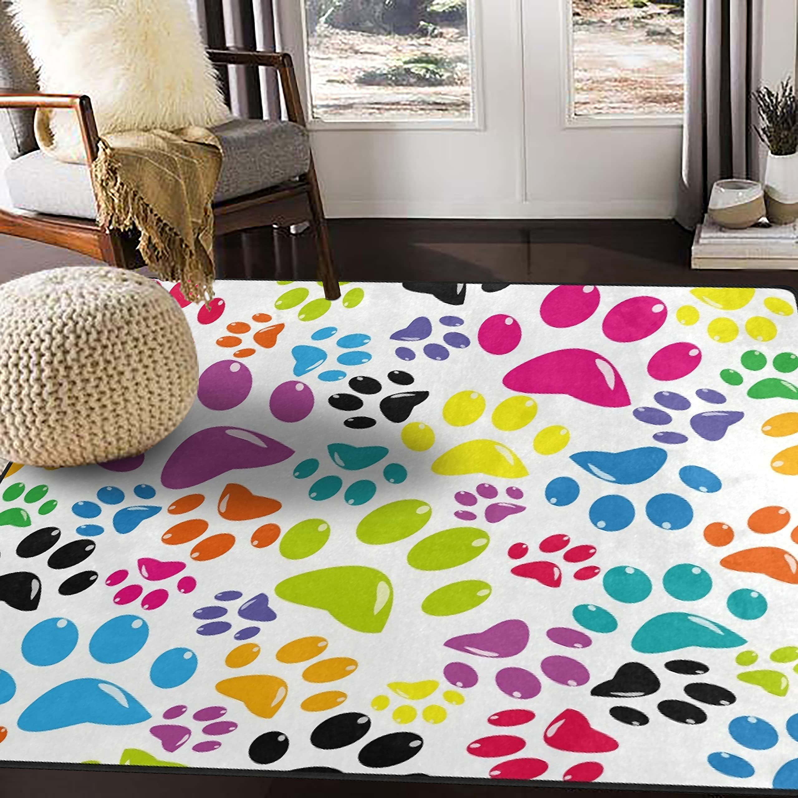 ALAZA Colorful Dog Paw Print Area Rug 7' x 5' - Non-Slip Pet Friendly Floor Mat for Living Room, Bedroom, Nursery | Soft & Durable Home Decor for Pet Owners