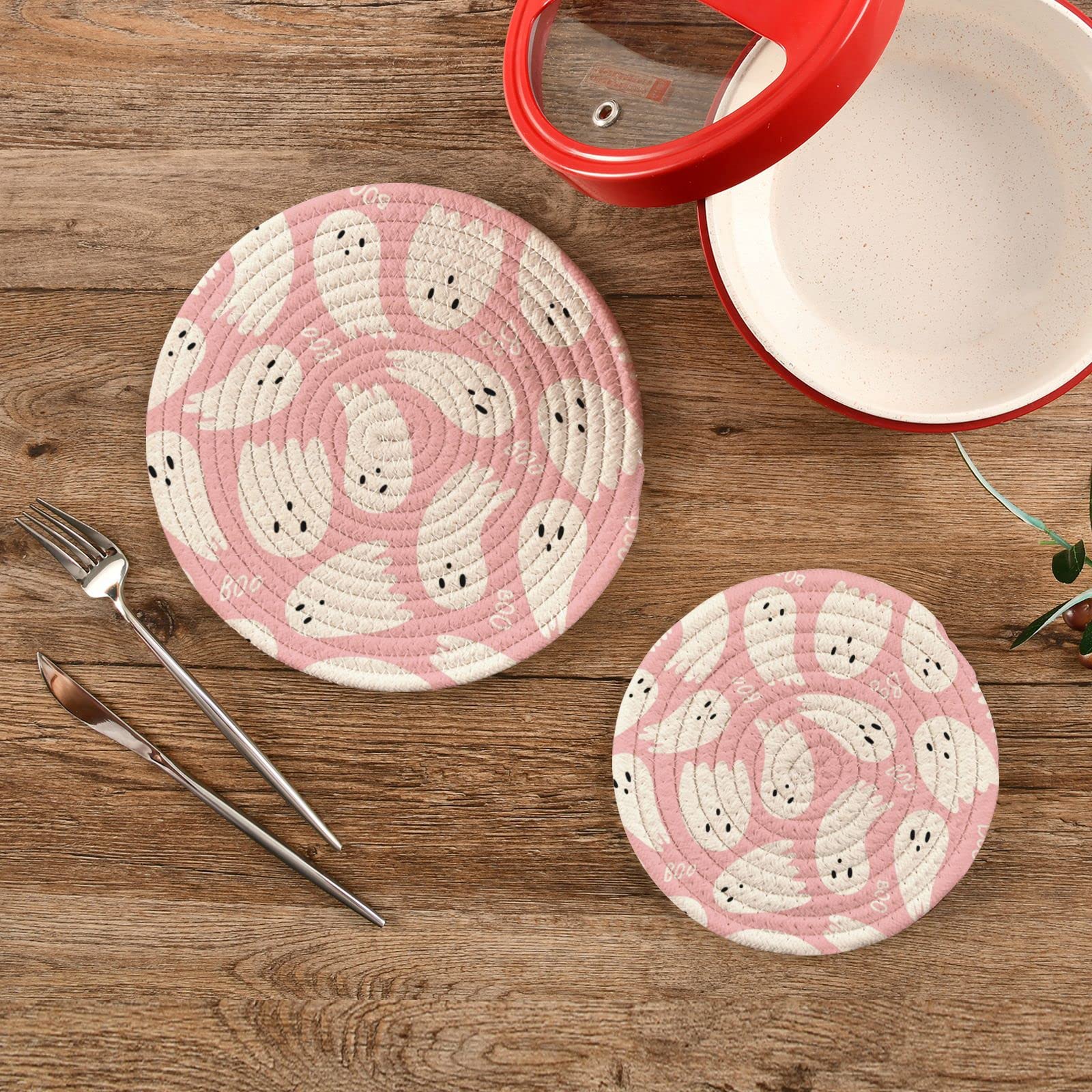 Halloween Ghost Cute Pot Holders Set of 2 - Heat Resistant Kitchen Trivets for Hot Pans, Pots & Bowls - Boo Pink Cotton Woven Hot Pads - Perfect for Halloween Decor & Kitchen Protection