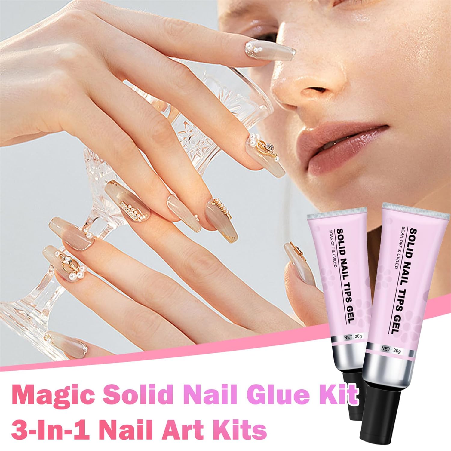 Magic Solid Nail Glue Kit - 3-in-1 Nail Art Set with Solid Nail Glue Gel & Press On Nails for Professional Salon & DIY Home Manicures