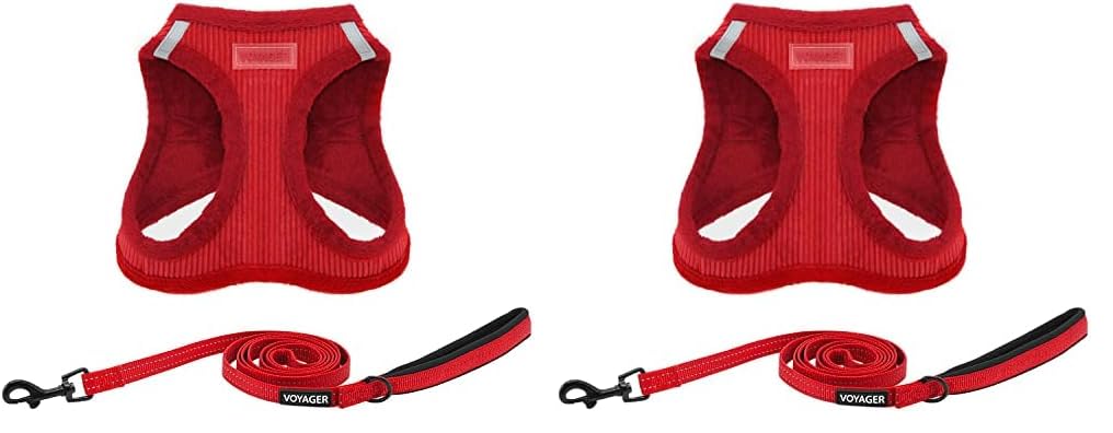 Best Pet Supplies Voyager Step-in Plush Dog Harness - Soft Comfortable Vest for Small & Medium Dogs - Red Corduroy with Leash Bundle (Size M: 16-18