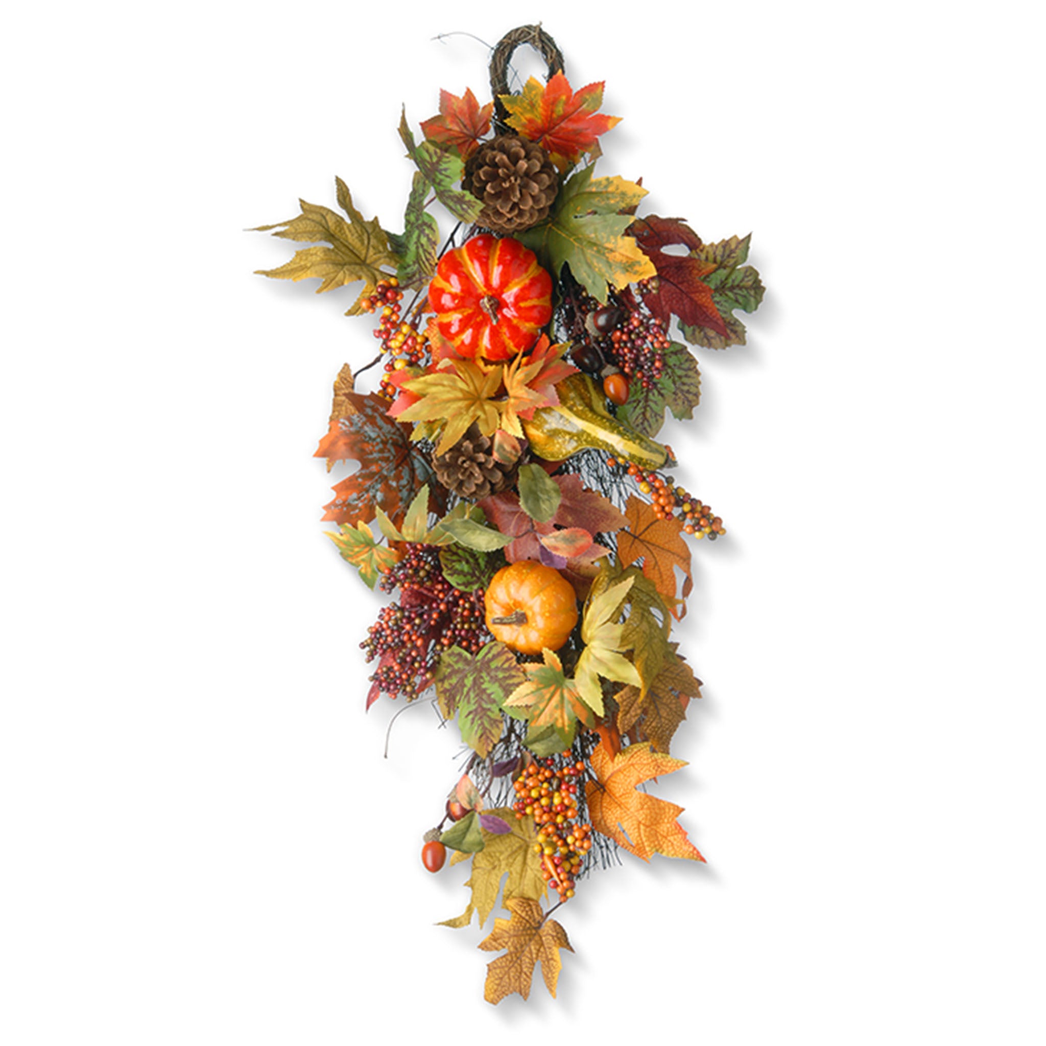 26 Inch Fall Teardrop Hanging Wall Decor with Pumpkins, Gourds, Pinecones & Berries - Rustic Autumn Home Decoration for Thanksgiving, Halloween & Seasonal Door Wreaths