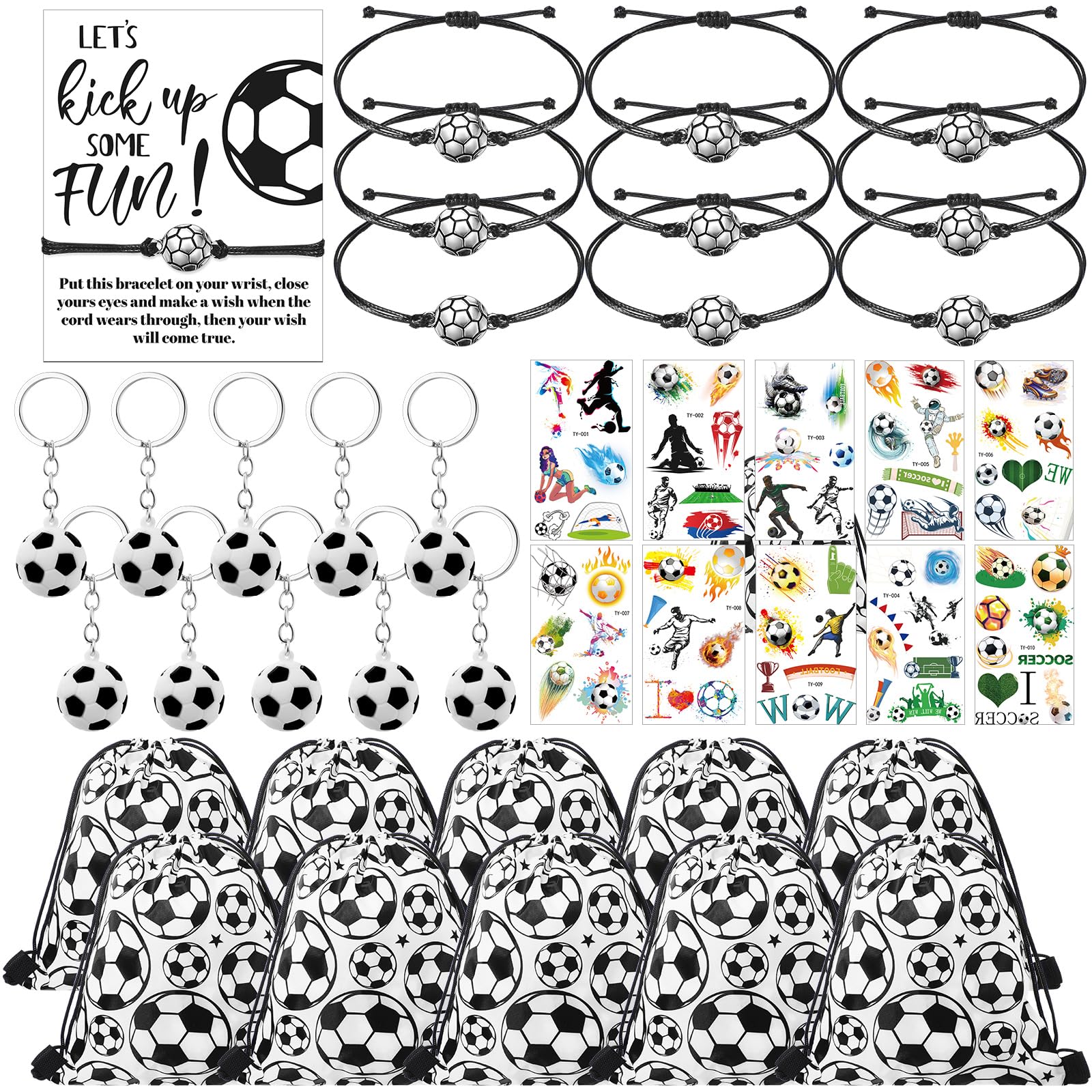 50 Pcs Soccer Team Gift Set - Drawstring Bags, Bracelets, Keychains, Stickers & Cards - Perfect for Soccer Lovers, Team Parties & Fan Appreciation Events - Great as Party Favors, Team Gifts or Tournament Prizes