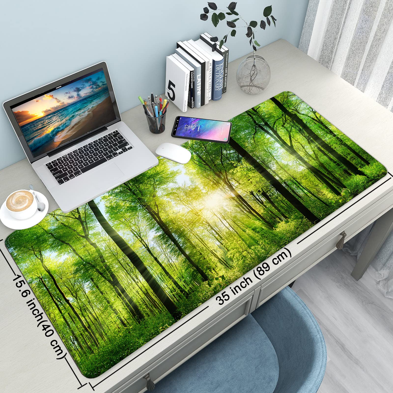 XXL Extended Gaming Mouse Pad 35''×15.6'' - Non-Slip Base & Stitched Edges Desk Mat for Computer, Office, Keyboard & Laptop (Green Forest) | Perfect for Gaming Setups, Home Office & Workspace Organization