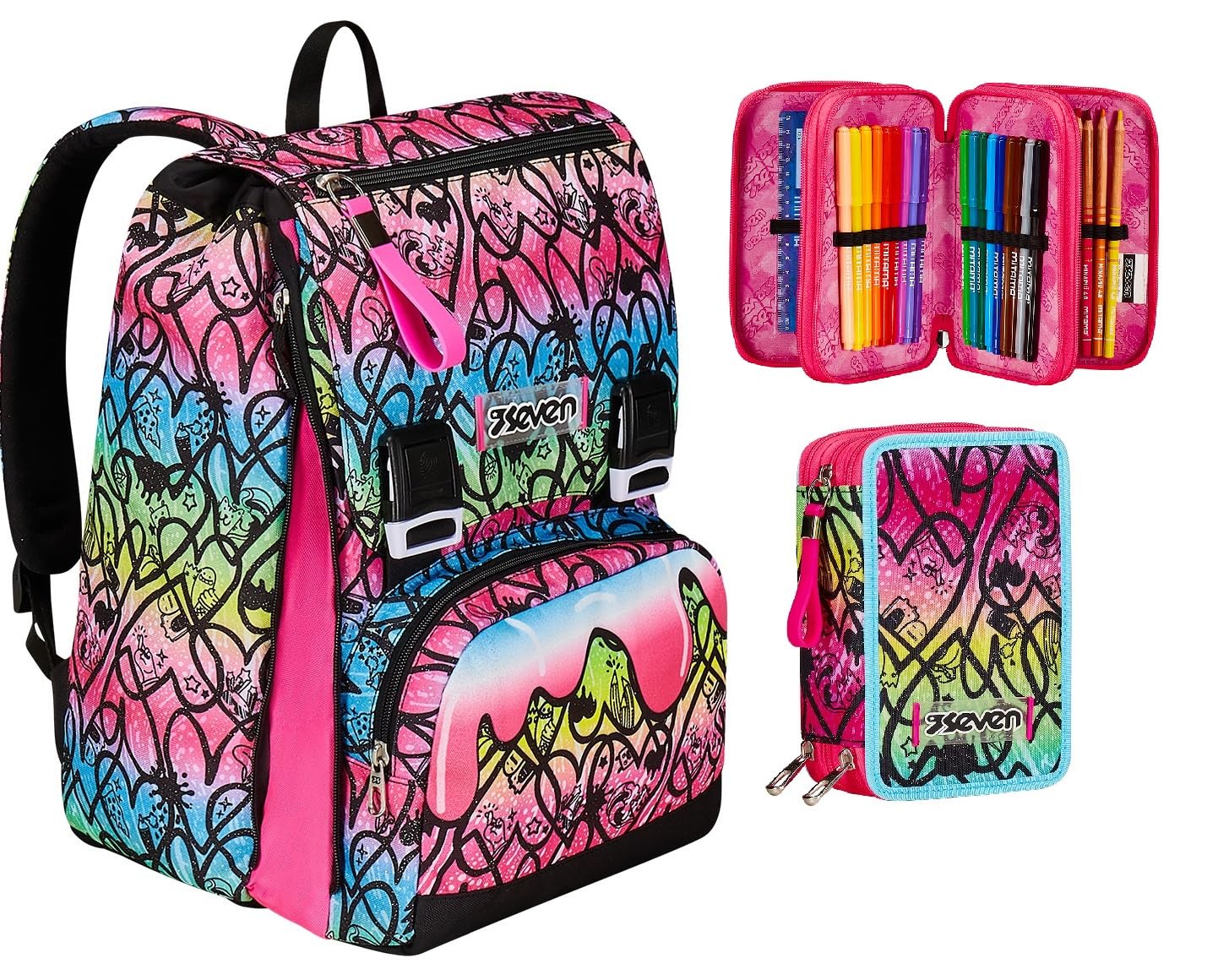 JumpLove Expandable Double Compartment Backpack for Girls - Large Capacity, Pink, Includes 3-Compartment Pouch - Perfect for School, Travel & Daily Use