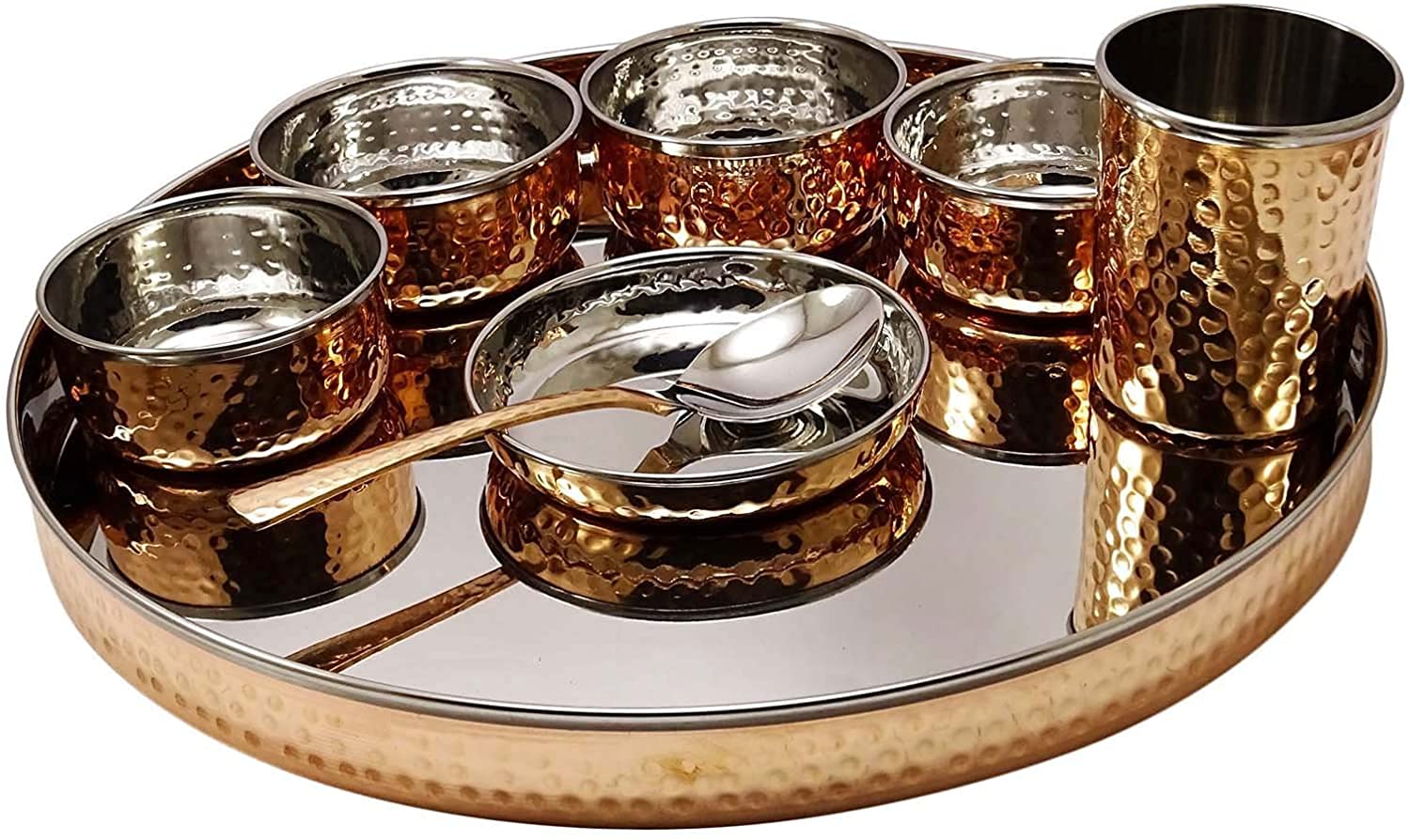 Traditional Indian Stainless Steel & Copper Hammered Thali Set - Includes Plates, Bowls, Glass & Spoon - Elegant Home & Kitchen Serving Tableware for Festivals, Weddings & Daily Dining
