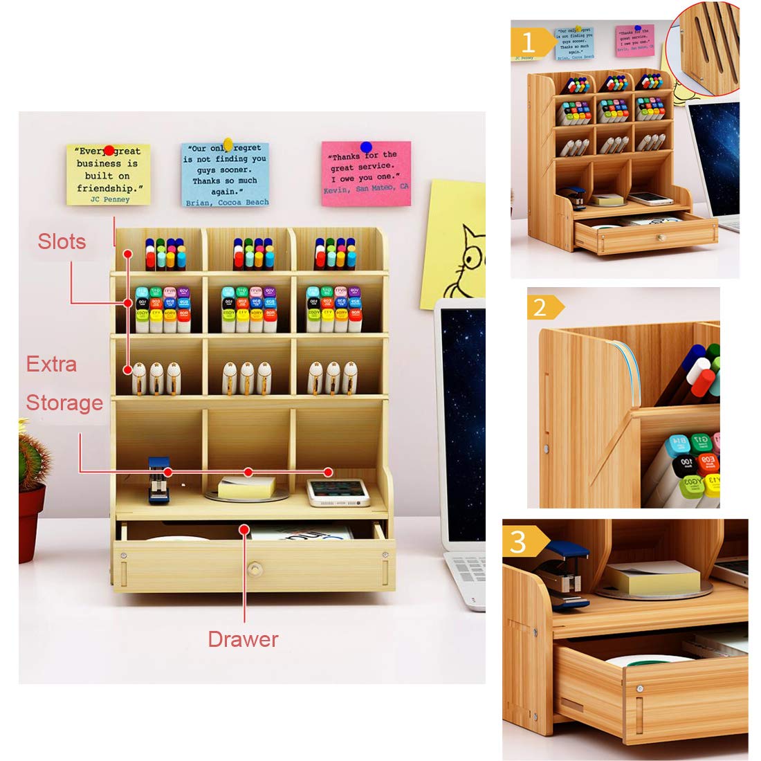 9 Grid Wooden Desktop Organizer with Drawer - Pen Pencil Holder, Marker & Makeup Tools Storage Caddy - Perfect for School, Office & Home Organization (Ideal for Desks, Countertops & Vanity Tables)