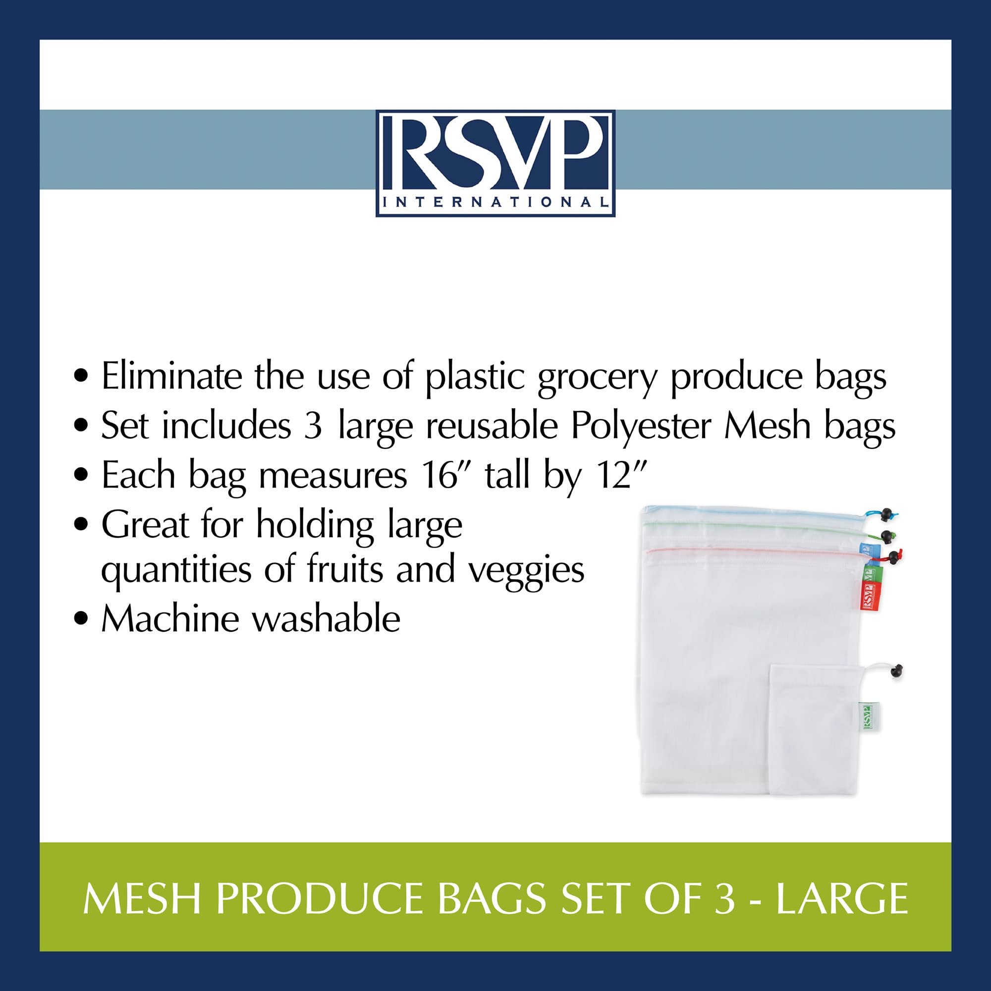Eco-Friendly Reusable Mesh Produce Bags for Groceries & Shopping - RSVP International - Perfect for Farmers Markets, Bulk Food Storage & Zero Waste Lifestyle