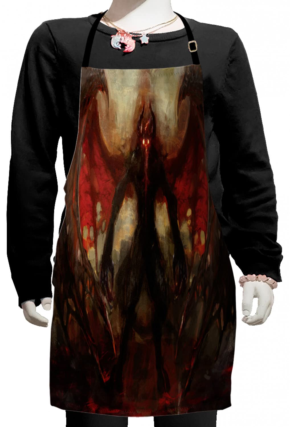 Ambesonne Fantasy World Apron - Devil Shadow with Wings Design, Adjustable Ties for Baking, Cooking, Painting & Grilling - Small Size Red & Grey Gothic Kitchen Apron for Women & Men - Perfect for Halloween, Cosplay & Themed Parties