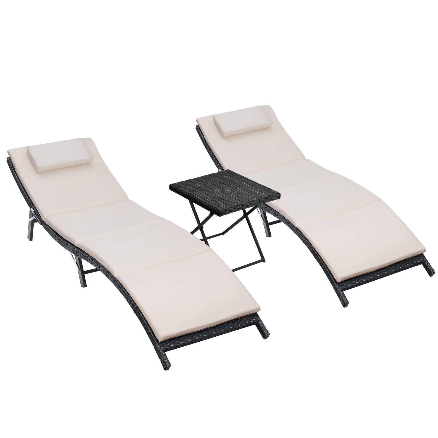 Homall 3-Piece Outdoor Chaise Lounge Set - PE Rattan Reclining Chairs with Folding Table & Cushions for Patio, Beach, Poolside (Beige) | Perfect for Sunbathing, Relaxing & Backyard Lounging