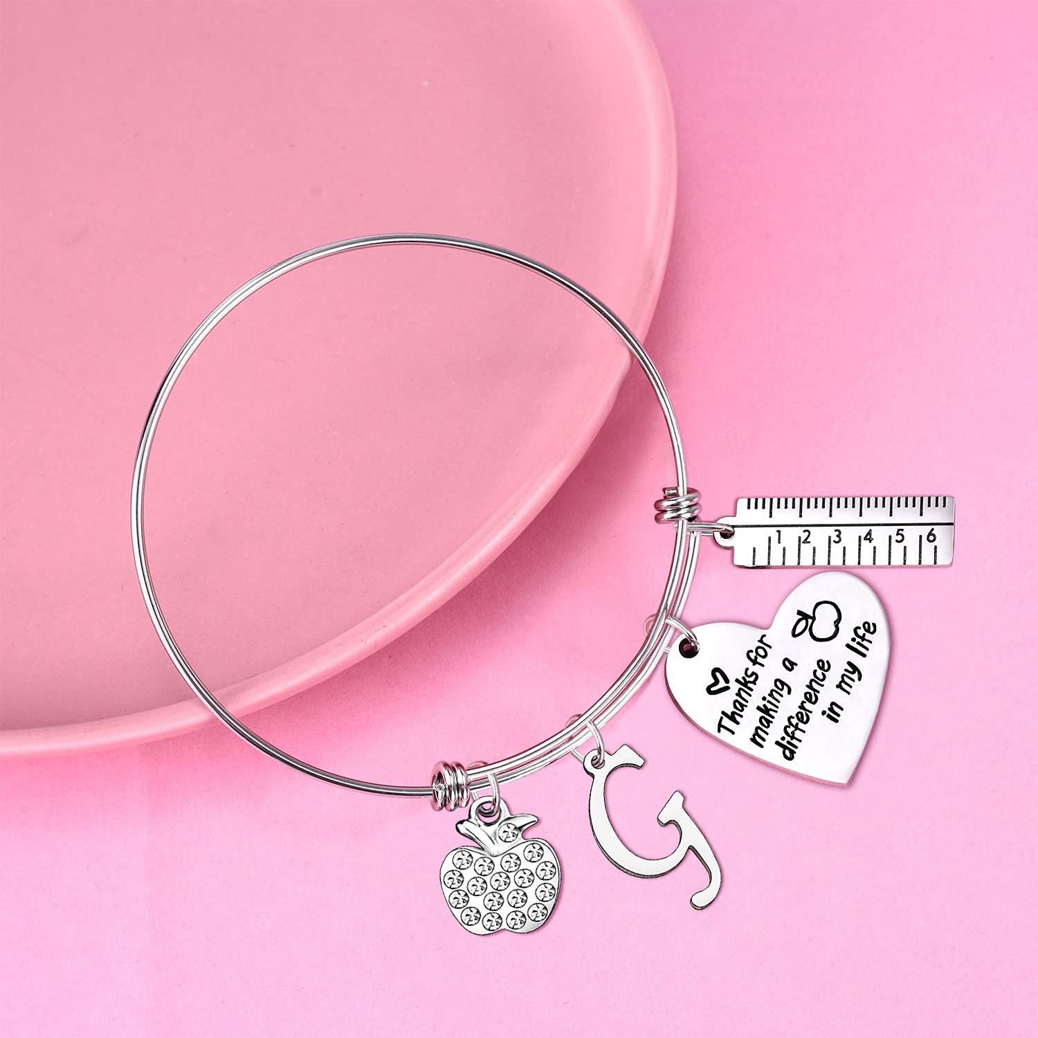 Personalized Teacher Initial Bangle Bracelet - Custom Name Jewelry Gift for Women Educators | Teacher Appreciation, Thank You, Retirement & Back to School Gifts | Perfect for Classroom, Graduation & Special Occasions