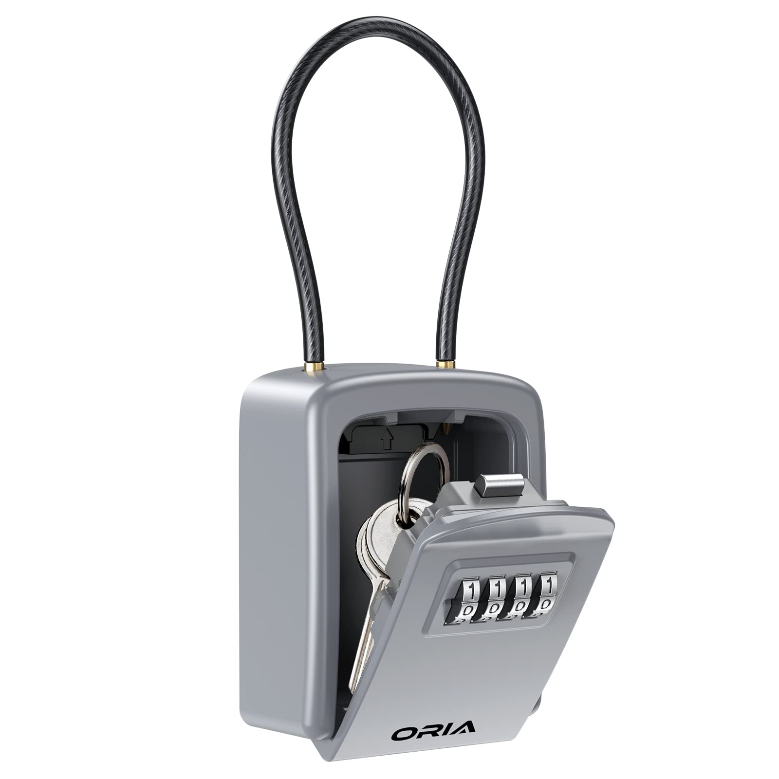ORIA 4 Digit Combination Key Lock Box - Secure Key Storage Safe with Removable Chain for Home, Office, Gym & Outdoor Use (5 Keys Capacity, Silver)