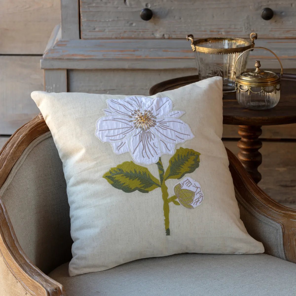 Appliqued & Embroidered Camellia Floral Decorative Throw Pillow Cover - Elegant Home Decor for Living Room, Bedroom, Sofa