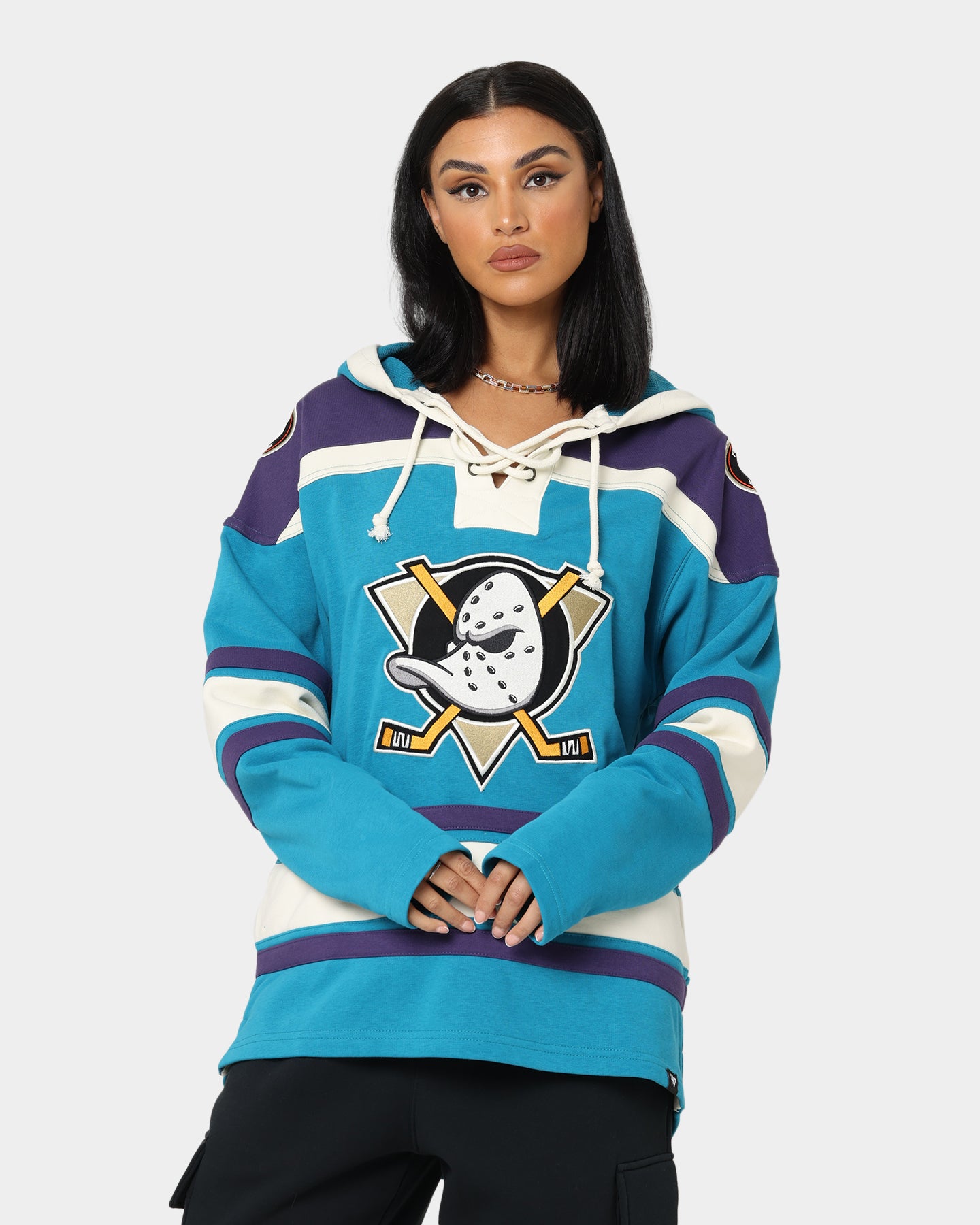 47 Brand Anaheim Ducks Lacer Hoodie - Purple & Sharks Teal Color - Men's NHL Hockey Pullover Sweatshirt for Game Day & Casual Wear