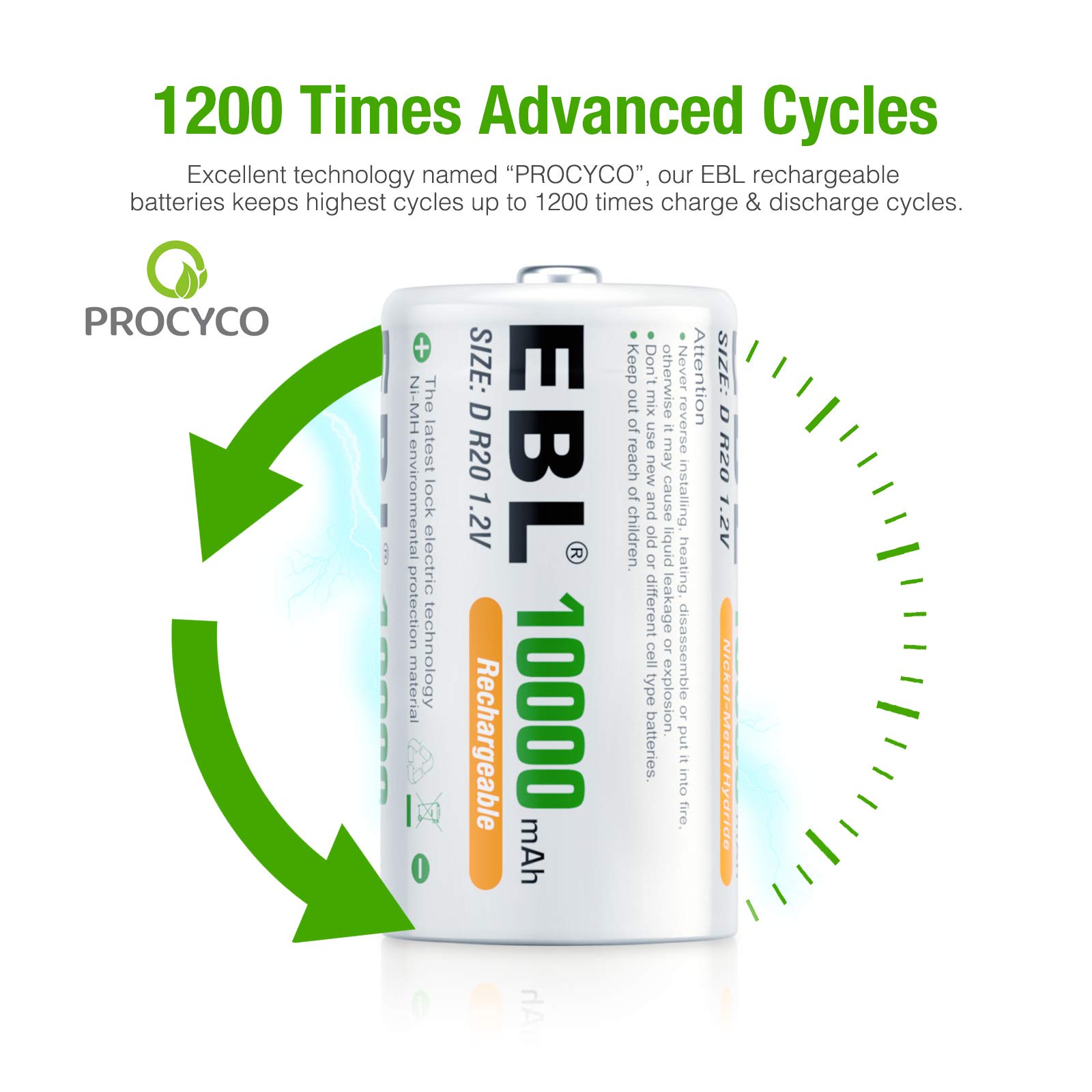 EBL D Size Rechargeable Batteries 10000mAh NiMH - 2 Pack High Capacity D Cell Batteries for Flashlights, Toys, Remote Controls & Emergency Devices