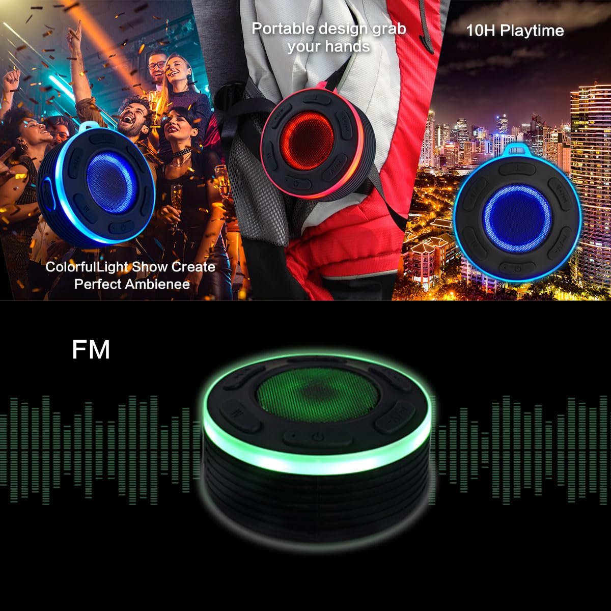 JK&EROSSTARS 便携蓝牙音箱 - HiFi立体声 LED灯 IP7防水 带吸盘 内置麦克风 免提通话 适用于户外、浴室、露营、派对、旅行