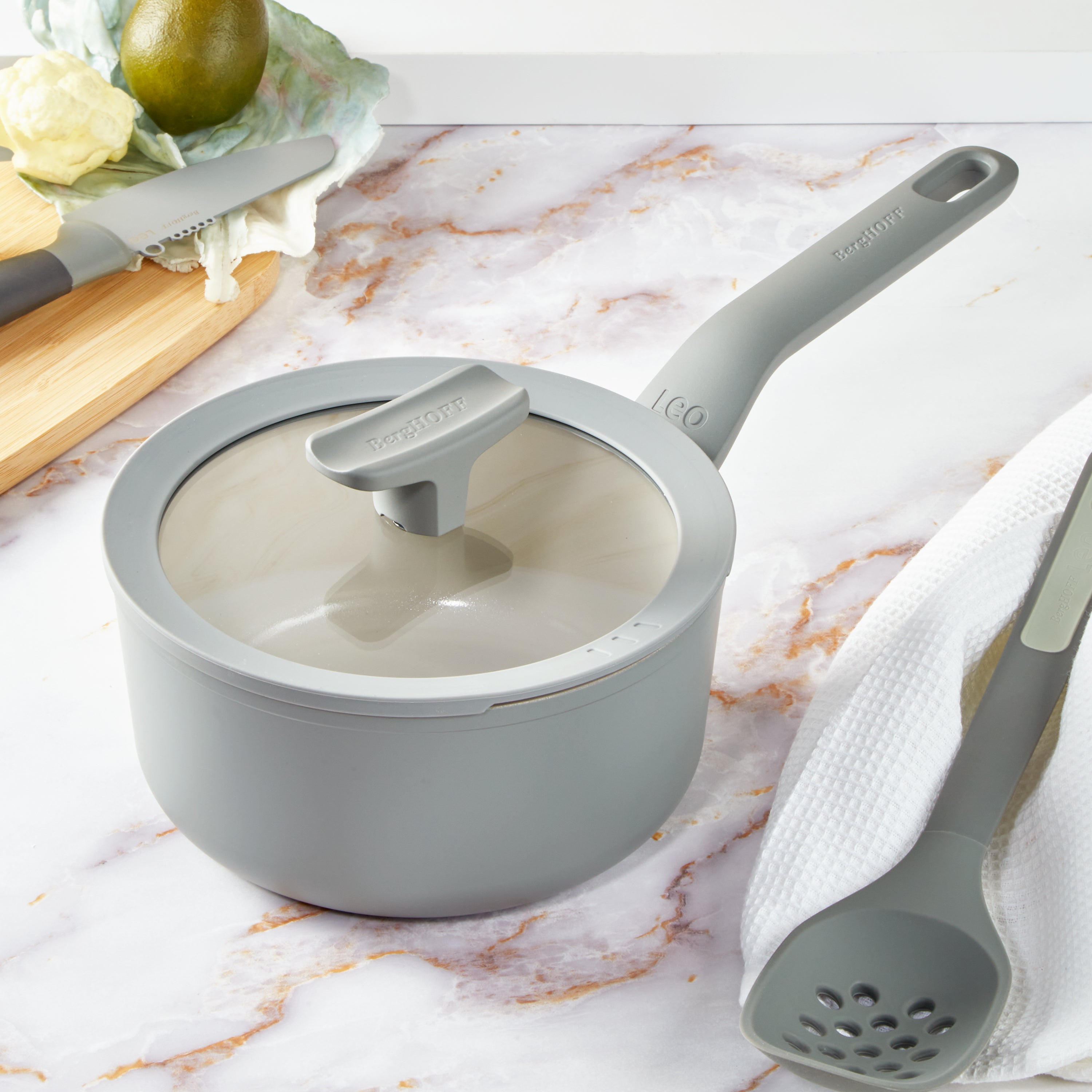 BergHOFF Leo Balance 5-Piece Nonstick Aluminum Cookware Set with Glass Lids in Moonmist - Perfect for Sauteing, Frying & Everyday Cooking
