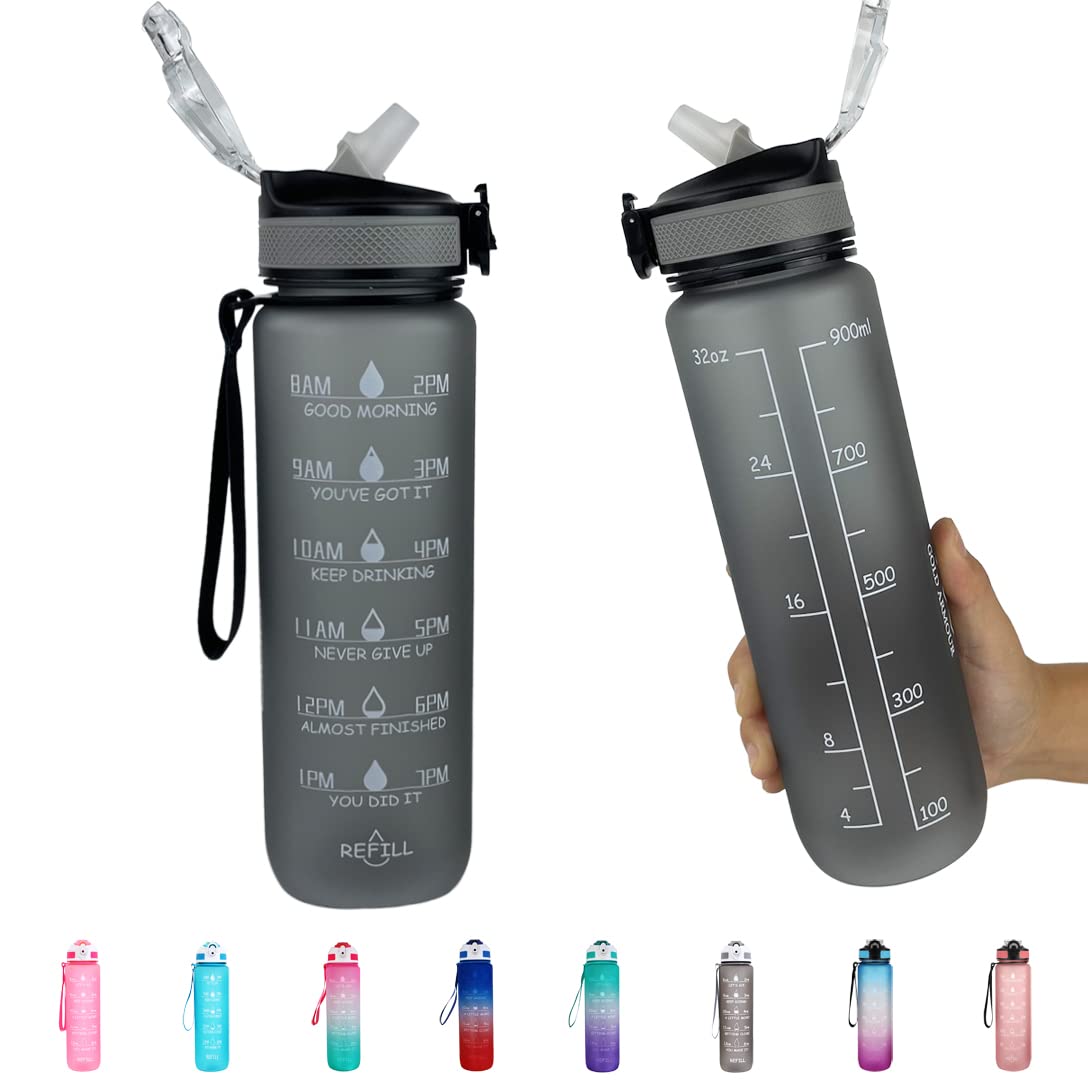 Gold Armour 32oz Motivational Water Bottle with Time Marker - BPA Free, Leakproof & Durable for Daily Hydration Tracking - Perfect for Gym, Office & Outdoor Activities (Black)