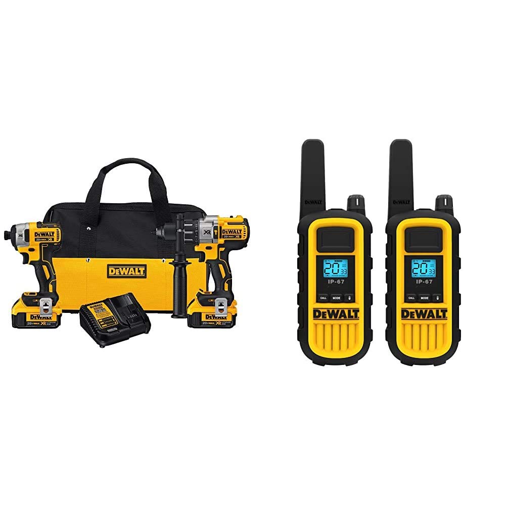 DEWALT 20V MAX XR Brushless Impact Driver and Hammer Drill Combo Kit with 4.0Ah Battery, 2 Heavy Duty Walkie Talkies (DCK299M2 & DXFRS800) - Perfect for Construction, Renovation, and DIY Projects