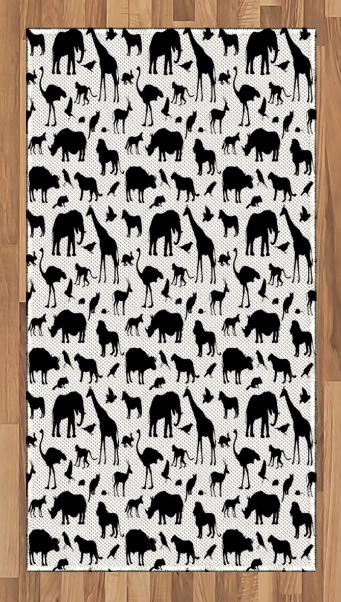 Lunarable Wildlife Habitat Silhouette Area Rug - Black and White Flat Woven Accent Rug with Giraffe & Elephant Design, 2'6