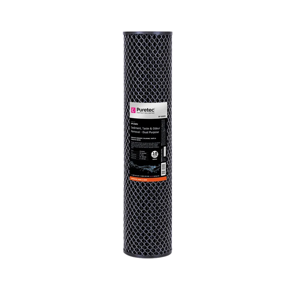Puretec DP10MP2 10 Micron Replacement Dual Purpose Carbon Cartridge - Water Filtration for Refrigerators & Under Sink Systems - Improves Taste & Reduces Contaminants