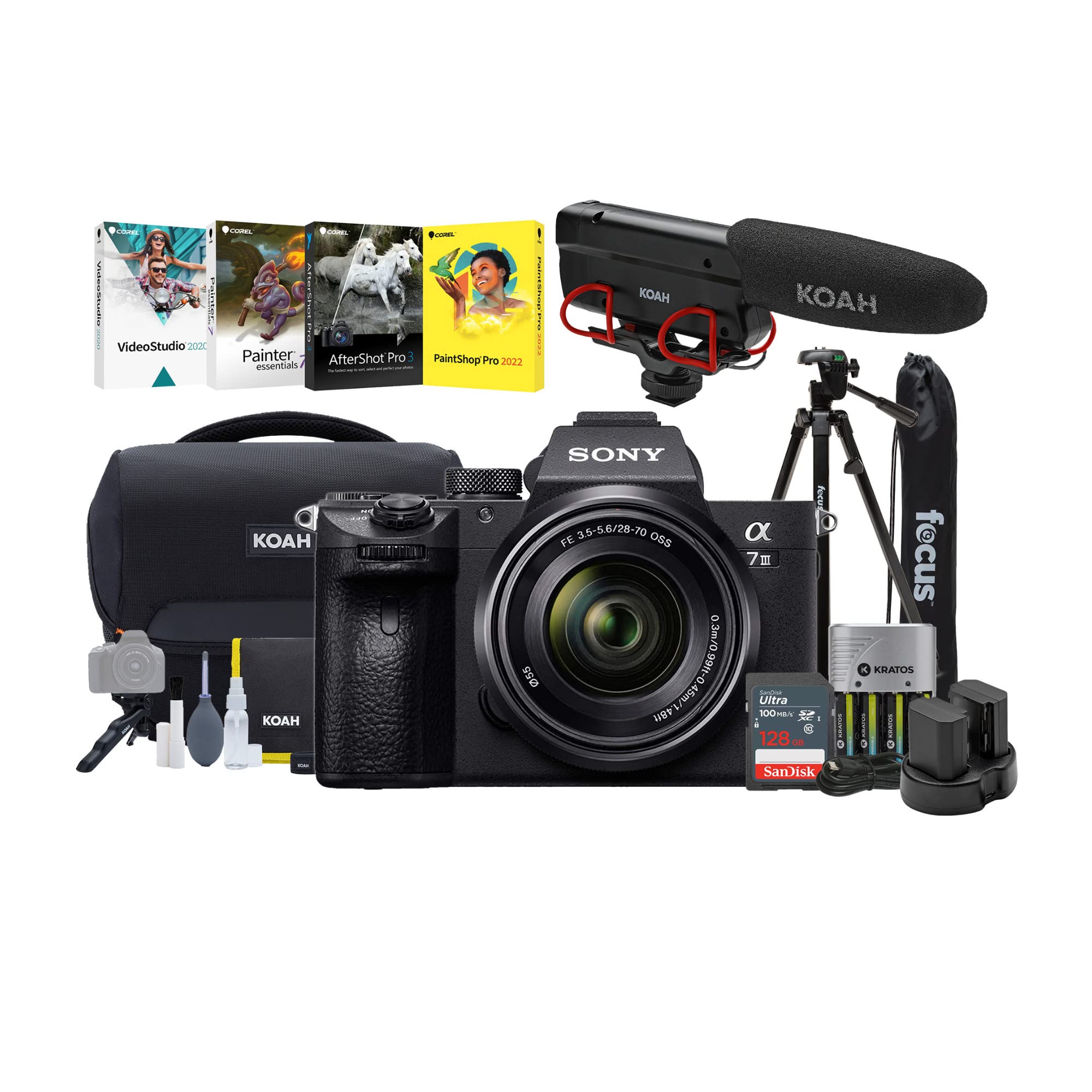 Sony Alpha a7 III Full Frame Mirrorless Camera with 28-70mm Lens Kit - Includes Deluxe Software Suite, Video Microphone, 2 Batteries, Dual Charger, Memory Card, Tripod & Accessory Bundle (7 Items) - Perfect for Professional Photography, Vlogging & Travel Videography