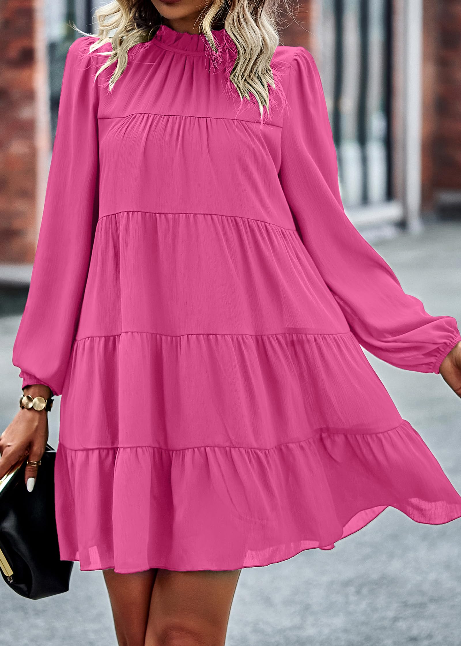 KIRUNDO Women's Spring 2025 Long Sleeve Ruffle Mock Neck Tiered Mini Dress - Flowy Babydoll Swing Tunic Shift Dress for Casual Wear, Date Night & Spring Outings