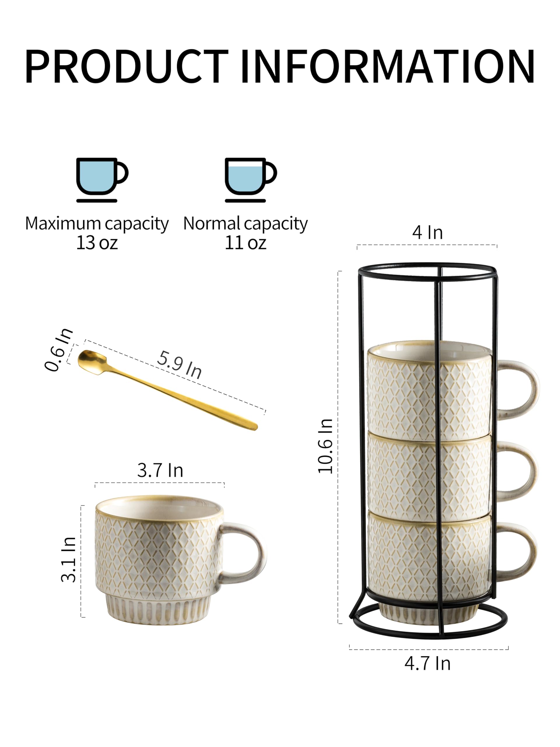 Gomakren 13oz Stackable Ceramic Coffee Mugs Set of 4 with Stand & Spoon - Perfect for Espresso, Latte, Cappuccino, Tea, Hot Chocolate & Milk - Ideal for Home, Office & Cafe Use - Creamy White