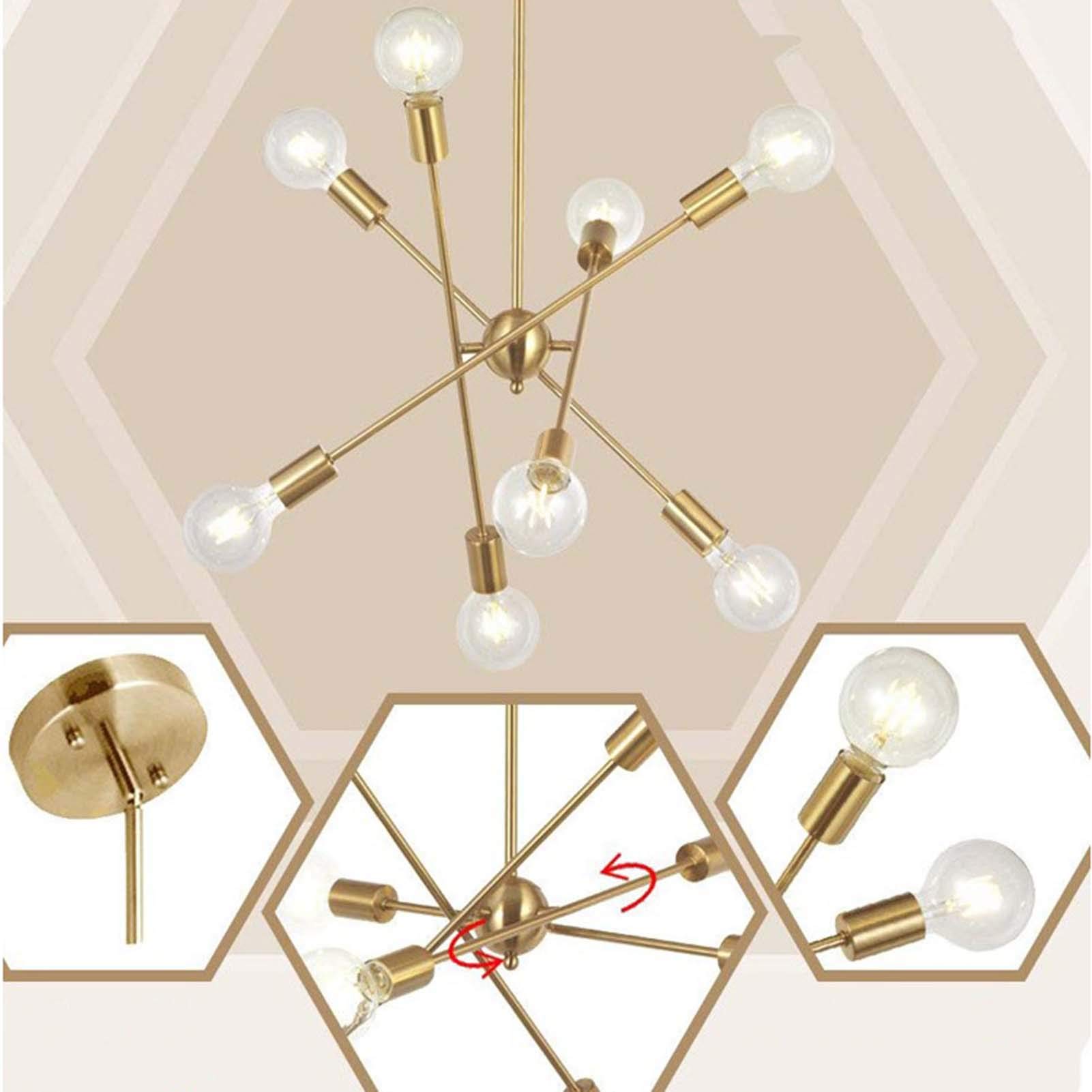 Vintage 6-Light Gold Industrial Sputnik Chandelier - Modern Metal Chrome Finish Ceiling Lamp for Dining Room, Kitchen Island, Bar & Living Room Lighting - Golden Finish