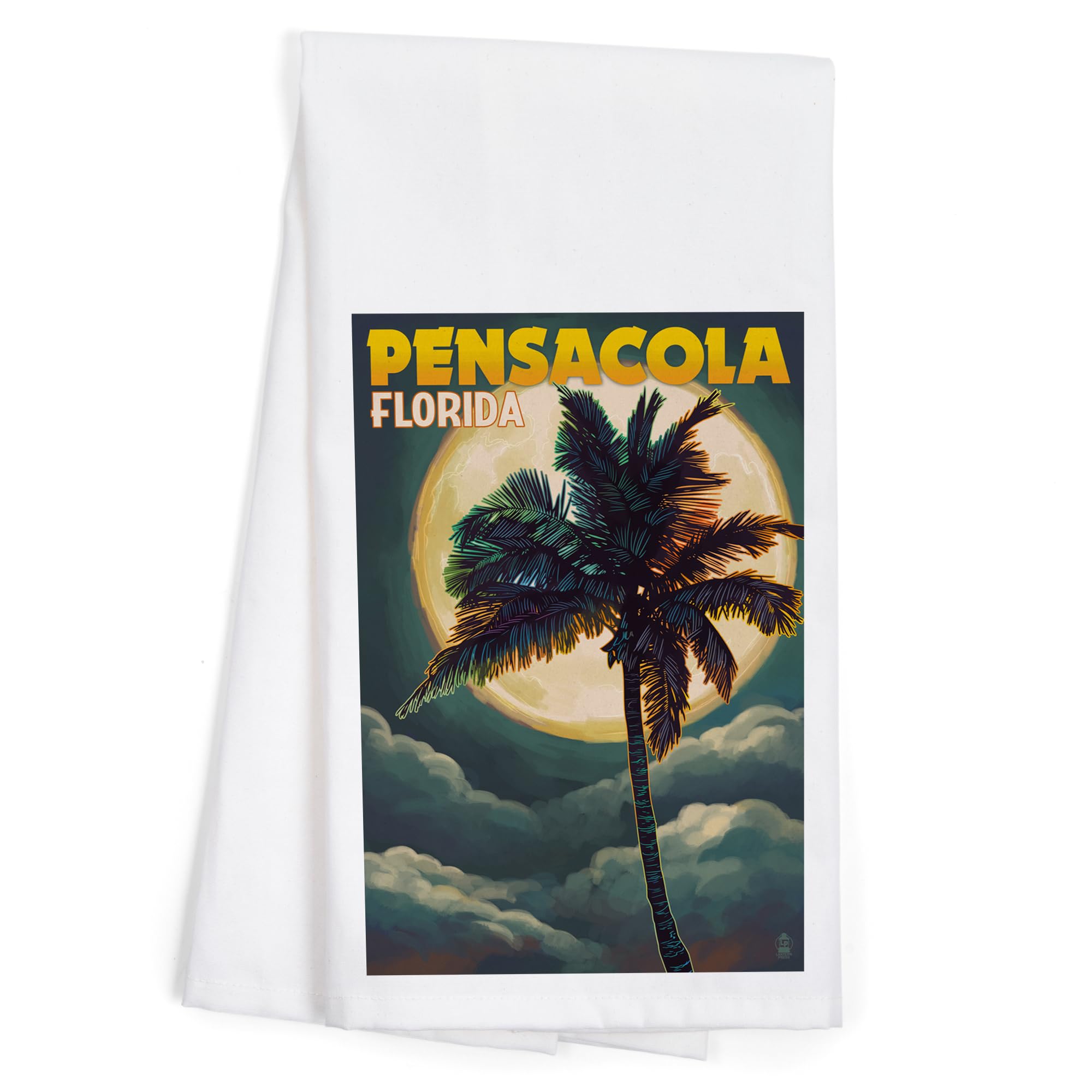 Lantern Press Pensacola Florida Palms and Moon 100% Cotton Tea Towel - Decorative Hand Towel for Kitchen, Bathroom & Home Decor - Perfect for Gifts, Housewarming & Coastal Themed Spaces