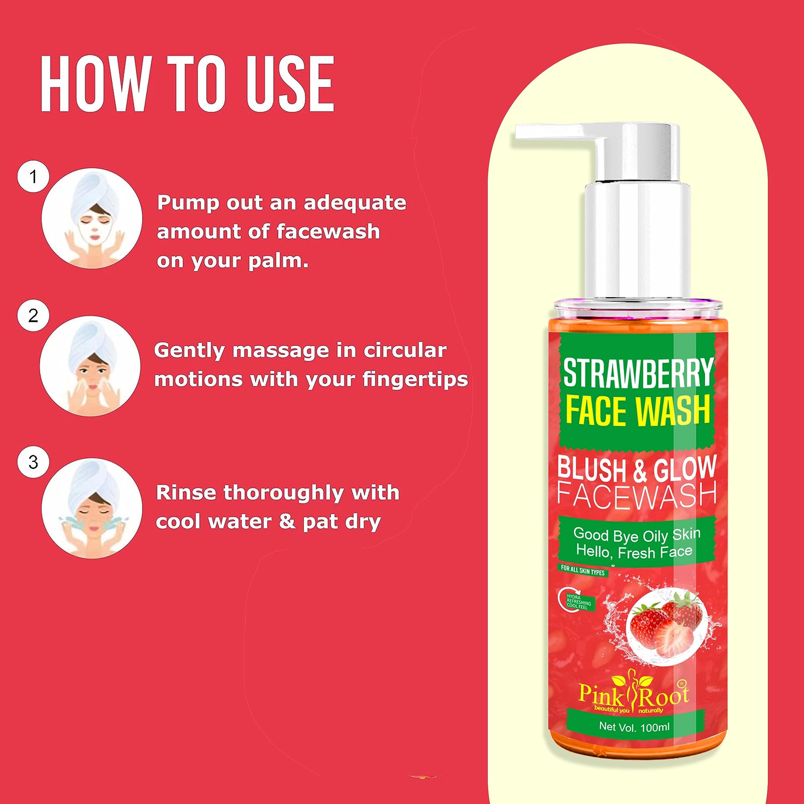 PINK ROOT Strawberry Face Wash for Oily Skin - Deep Pore Cleansing Gel to Remove Blackheads & Prevent Acne - Daily Facial Cleanser & Moisturizer for Men & Women (100ml) - Perfect for Morning & Night Skincare Routine