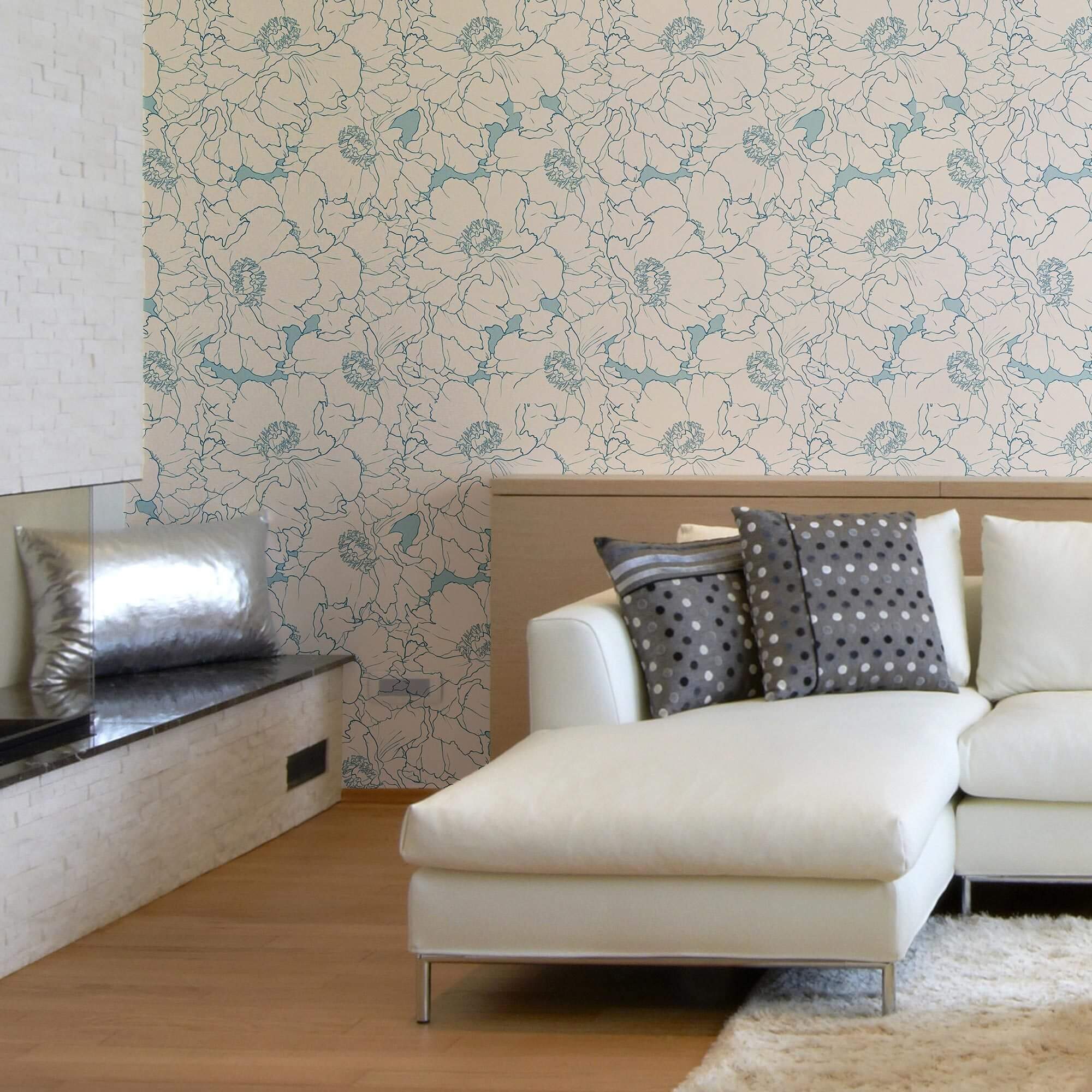 Beige and Blue Floral Peel and Stick Removable Wallpaper 3382 - Self-Adhesive Wall Decor for Bedroom, Living Room, Nursery & Office