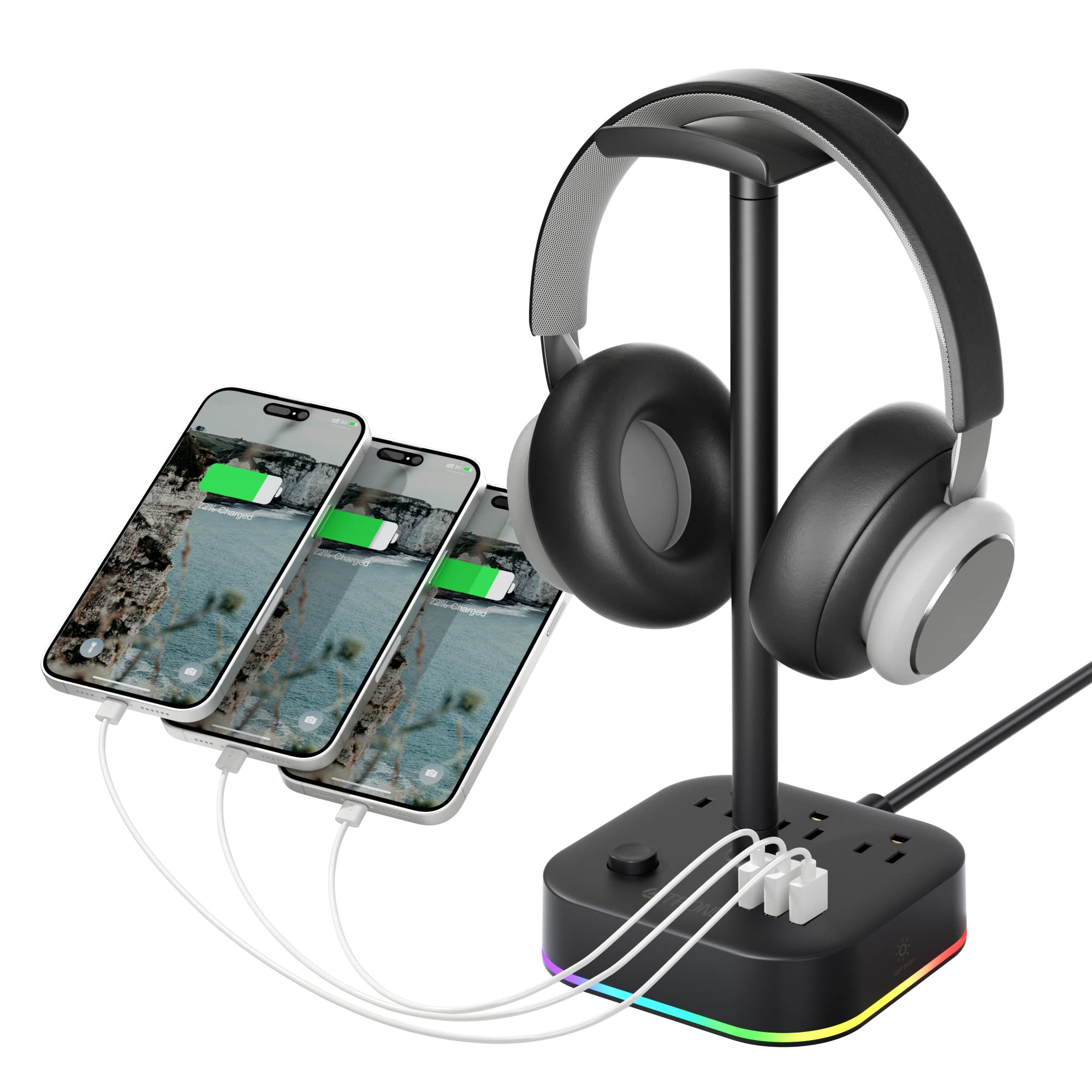 TROND RGB Gaming Headphone Stand with USB Charger & Power Strip - 3 USB Ports & 3 AC Outlets - Multi-Functional Headset Holder for Desk Organization - Perfect Gift for Gamers & Tech Enthusiasts (Great for Gaming Setups, Home Office & Workstations)