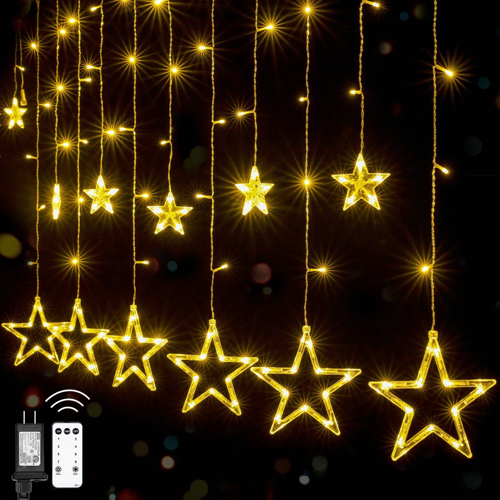 138 LED Star Curtain Fairy Lights - 9ft Plug-in Connectable Twinkle Lights with 12 Star Drops & Remote (8 Lighting Modes) - Warm White Indoor Christmas, Ramadan, Bedroom, Window Decorations - Perfect for Holiday Parties, Wedding Backdrops & Cozy Home Ambiance