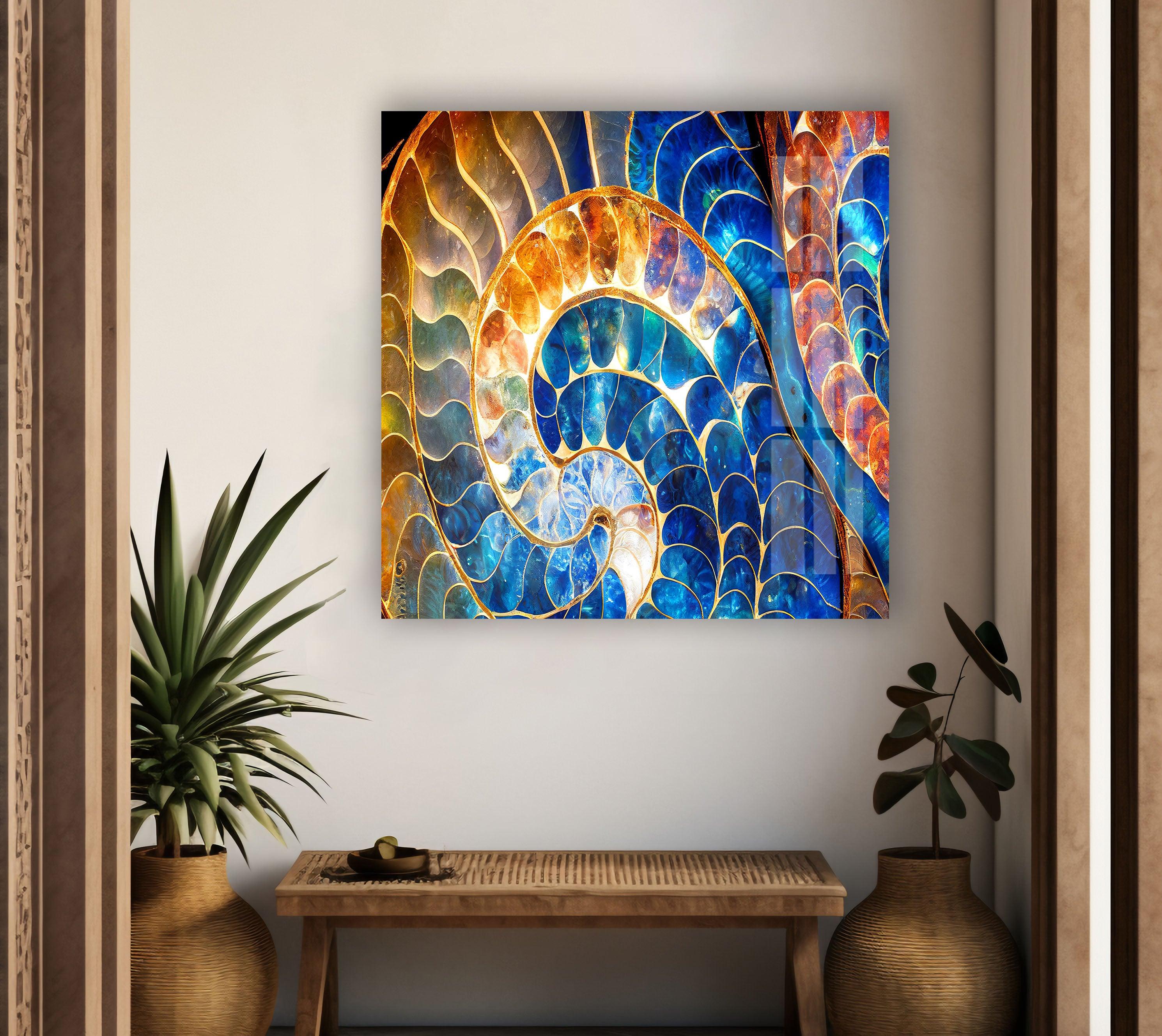 Blue & Orange Shell Glass Wall Art - Handmade Coastal Decor for Living Room, Bedroom, or Beach House - Perfect for Boho, Nautical & Seaside Home Decor