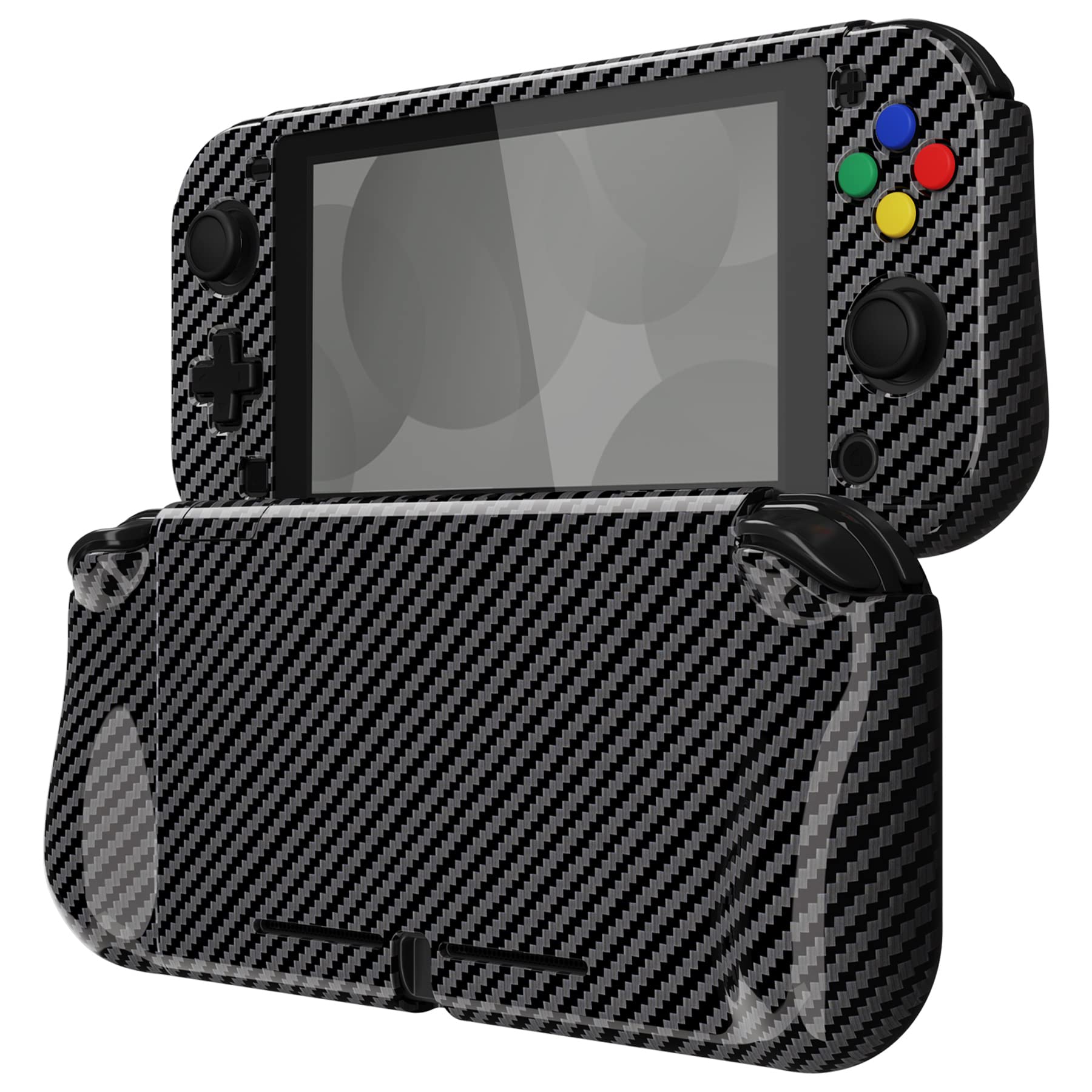 PlayVital ZealProtect Glossy Protective Case for Nintendo Switch Lite - Hard Shell Ergonomic Grip Cover with Screen Protector, Thumb Grip Caps & Button Caps (Graphite Carbon Fiber) - Perfect for Gaming, Travel and Daily Protection