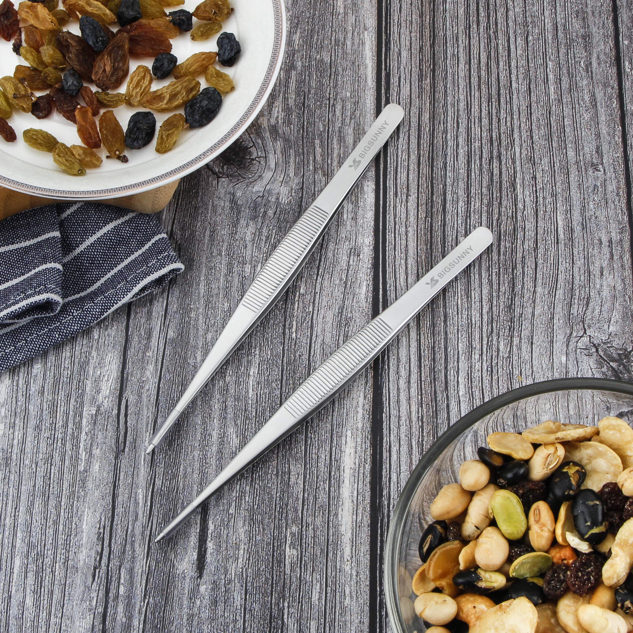 6.5 Inch Stainless Steel Kitchen Tweezers - Fine Tip Cooking Tongs for Precision Food Plating, Garnishing & Serving | Multi-Purpose Culinary Tweezers for Chefs, Bartenders & Home Cooks | MSY BIGSUNNY Professional Food Tongs (Great for Sushi, Salads & Cocktail Garnishes)